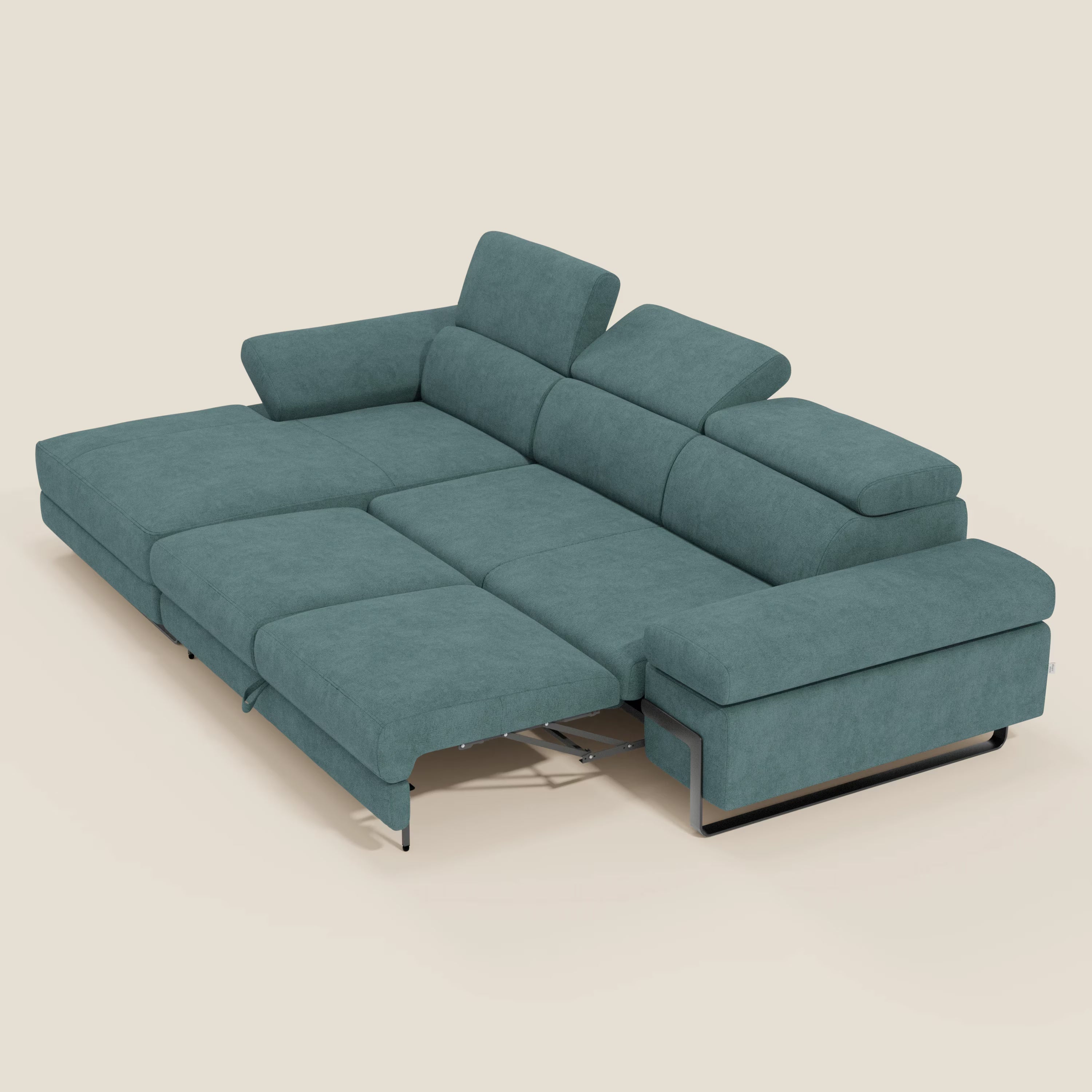 Zayana Ecksofa mit Ausziehfunktion – verstellbare Armlehnen und Kopfstützen aus wasserfestem Stoff T02 petrol