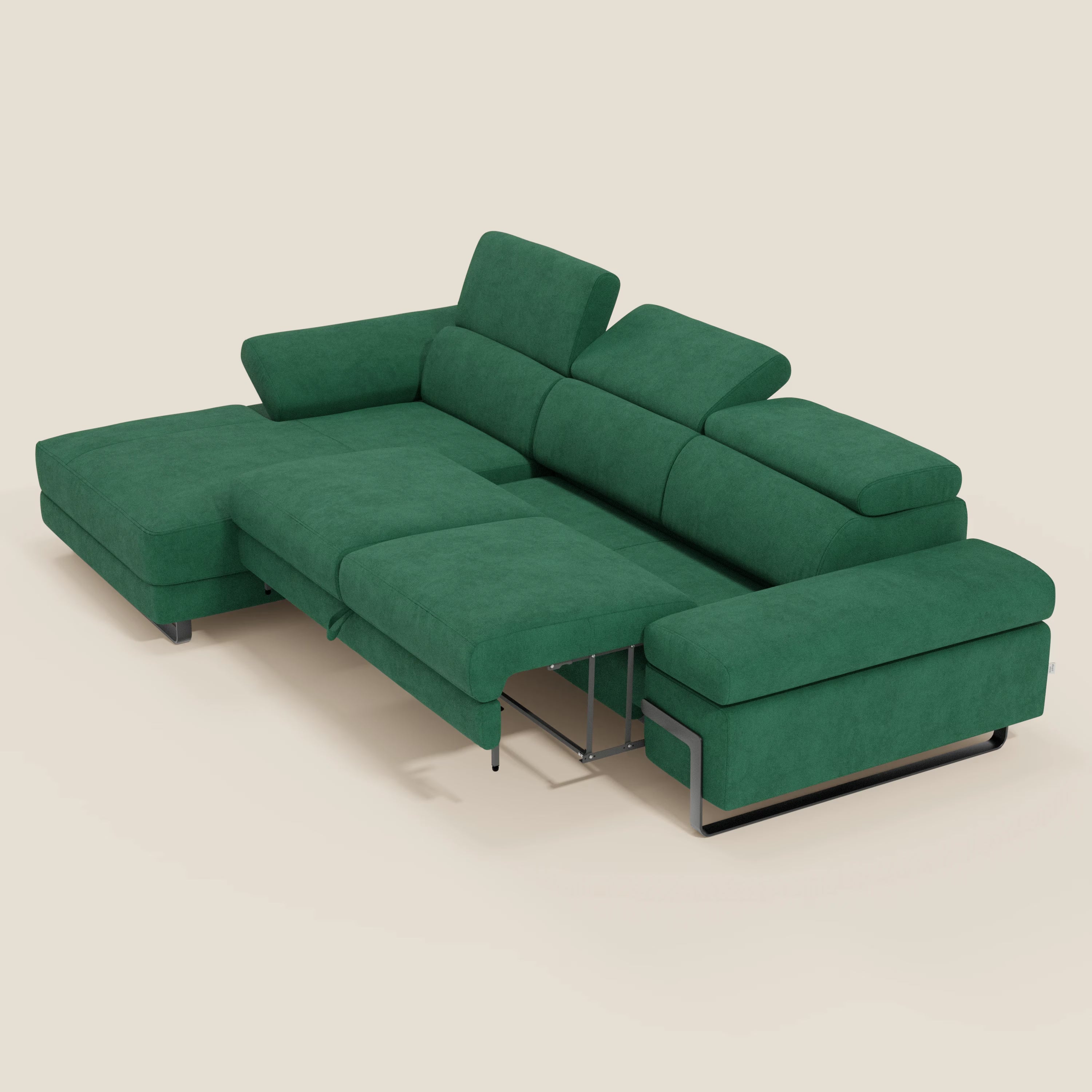 Zayana Ecksofa mit Ausziehfunktion – verstellbare Armlehnen und Kopfstützen aus wasserfestem Stoff T02 grün