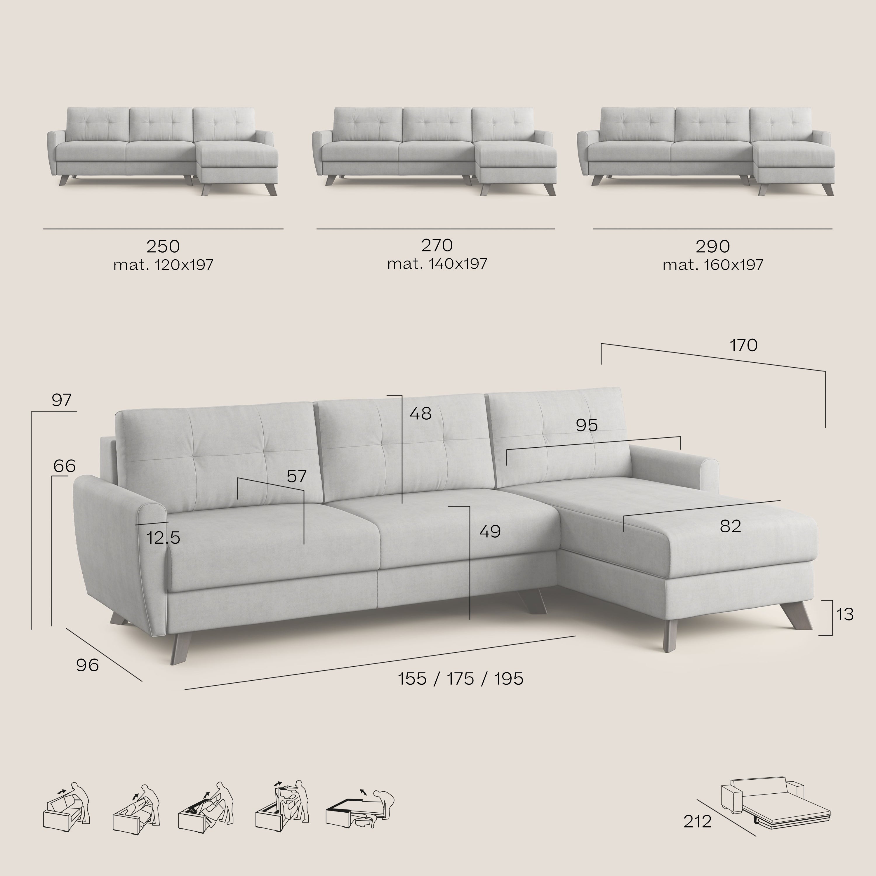 Callisto Divano letto angolare con penisola in tessuto morbido impermeabile T02 beige - divani.store