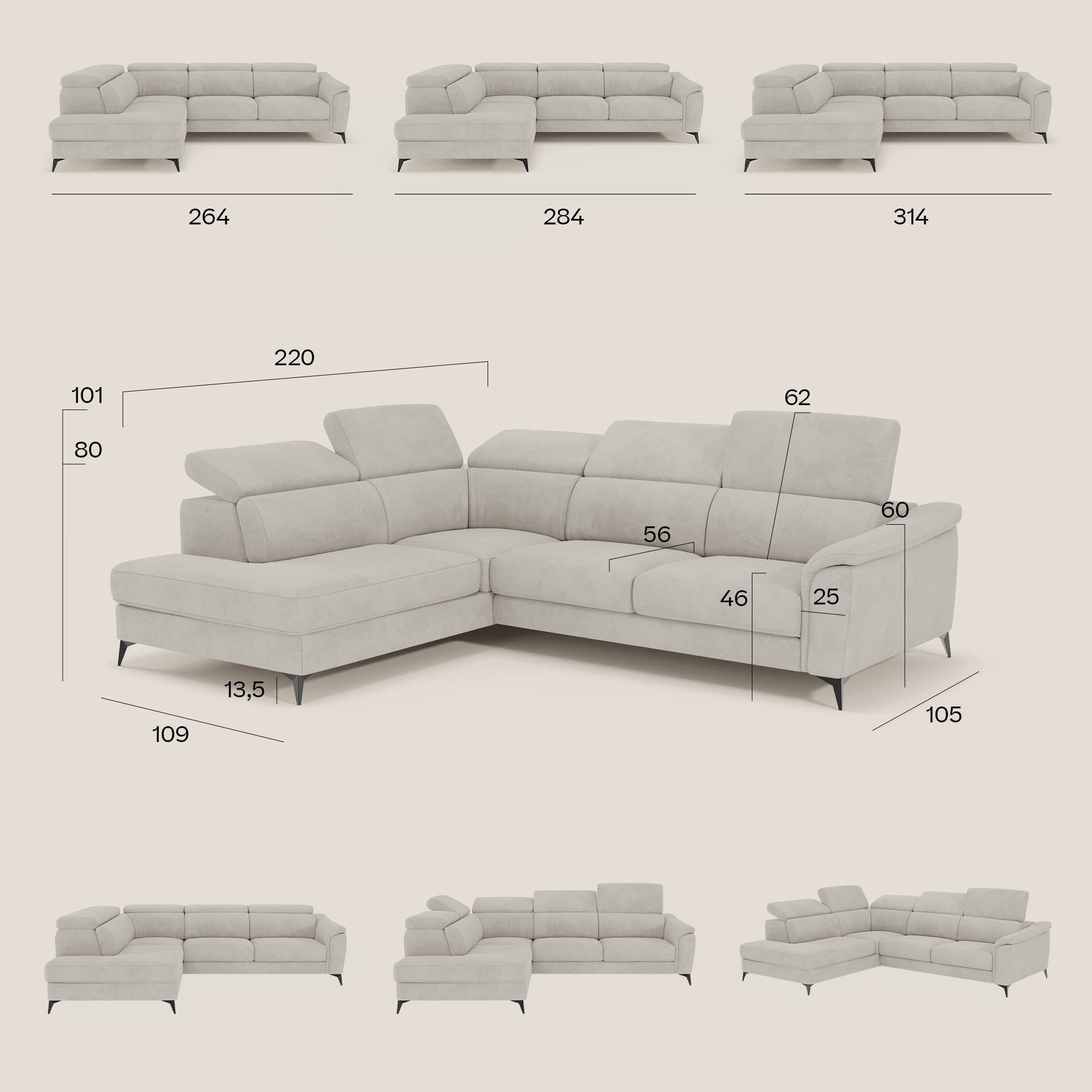 Arcos Ecksofa – hohe Füße und verstellbare Kopfstützen aus wasserfester Mikrofaser T11 gelb