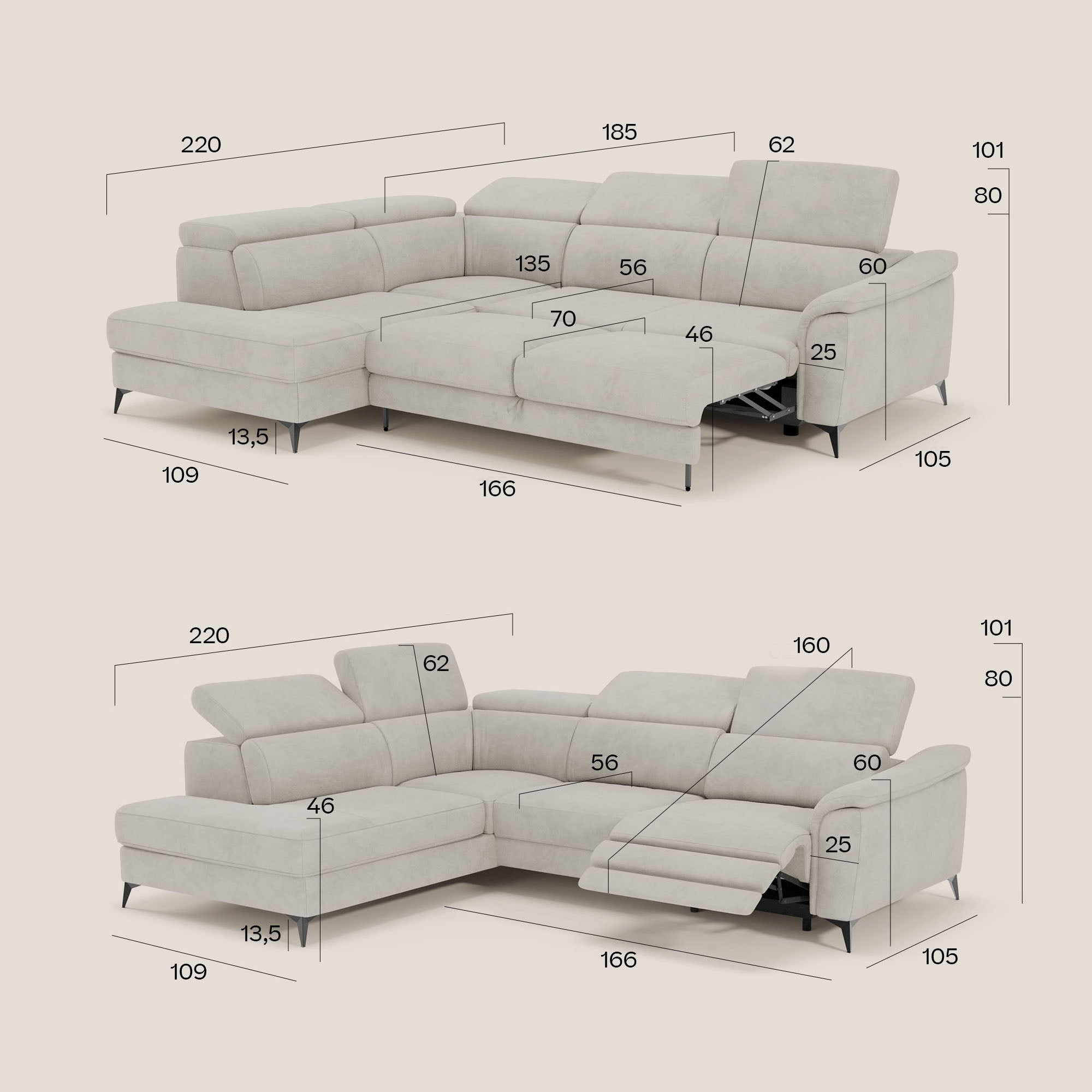 Arcos Ecksofa – hohe Füße und verstellbare Kopfstützen aus wasserfester Mikrofaser T11 gelb