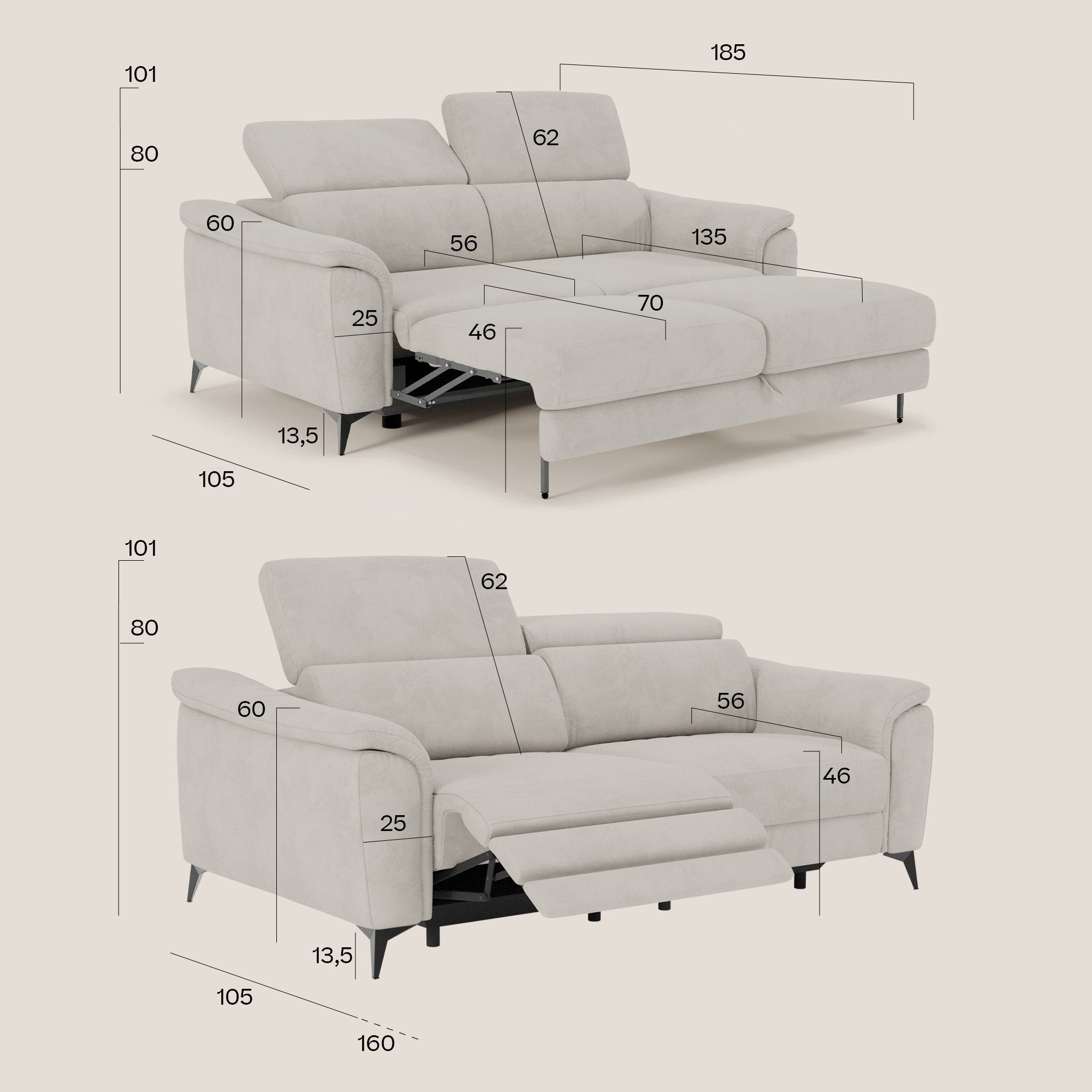 Arcos 3-Sitzer-Sofa – hohe Füße und verstellbare Kopfstützen aus wasserabweisender Mikrofaser T11 lederfarben