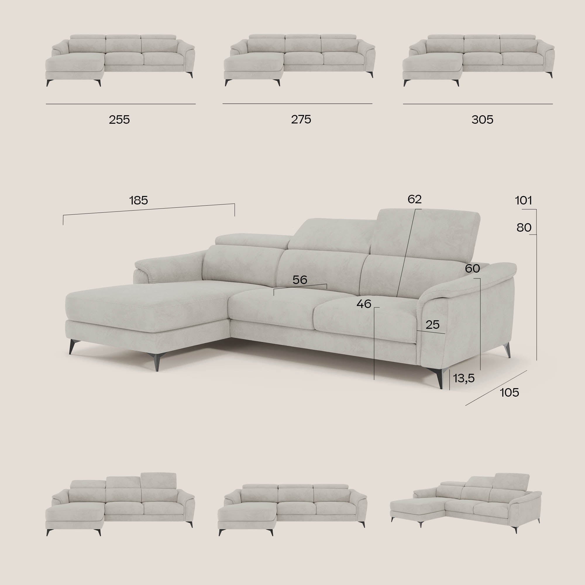 Arcos Sofa mit Halbinsel – hohe Füße und verstellbare Kopfstützen aus wasserfester Mikrofaser T11 lederfarben