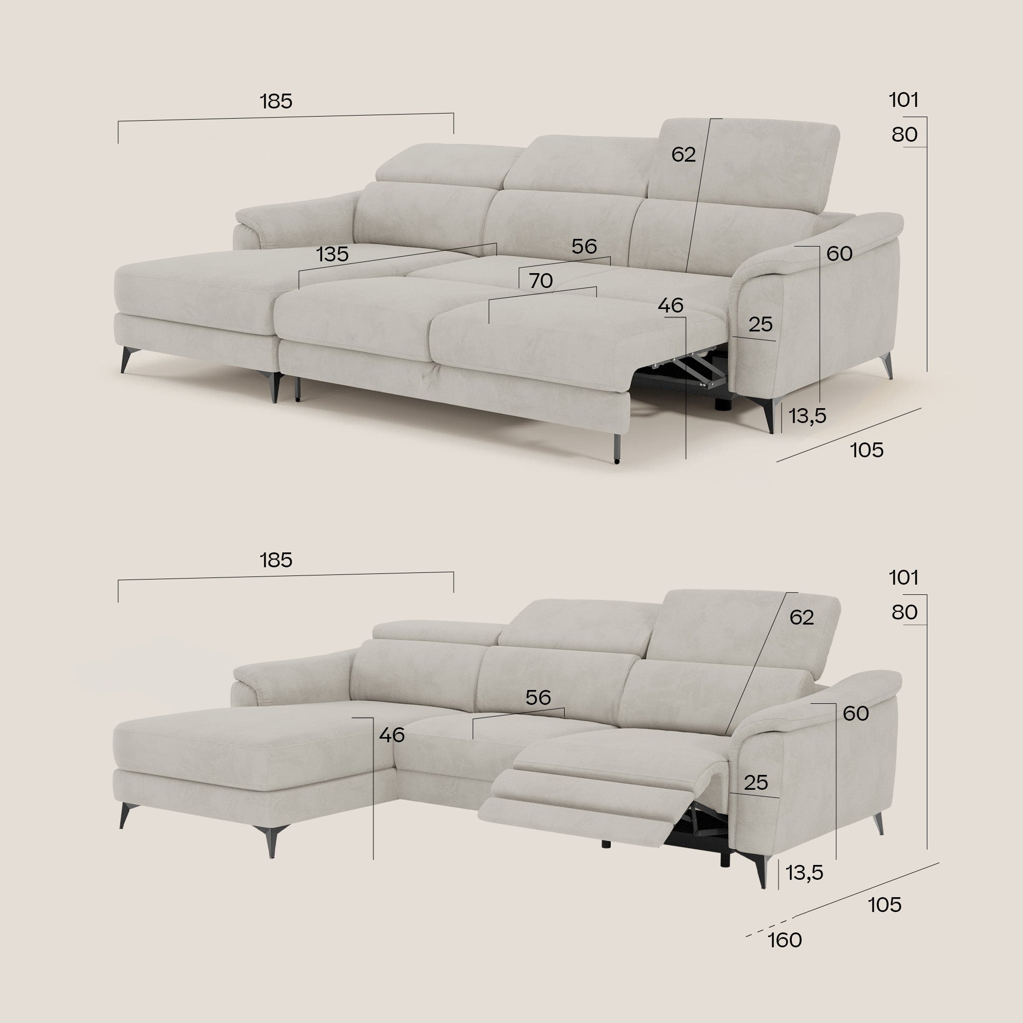 Arcos Sofa mit Halbinsel – hohe Füße und verstellbare Kopfstützen aus wasserfester Mikrofaser T11 lederfarben