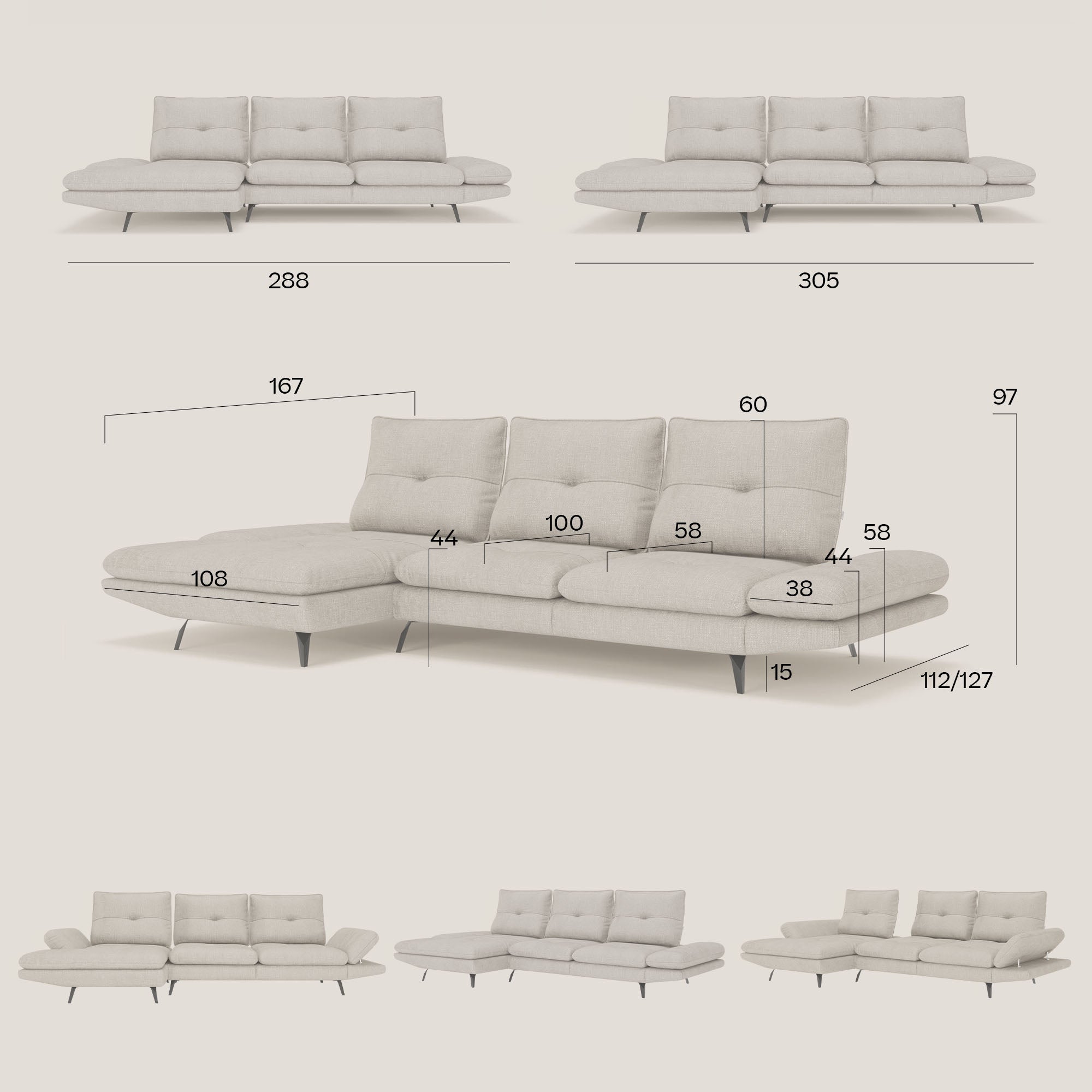 Ardex Sofa mit Halbinsel – verschiebbare Rückenlehnen und verstellbare Armlehnen aus elegantem, wasserfestem Stoff T06 anthrazit