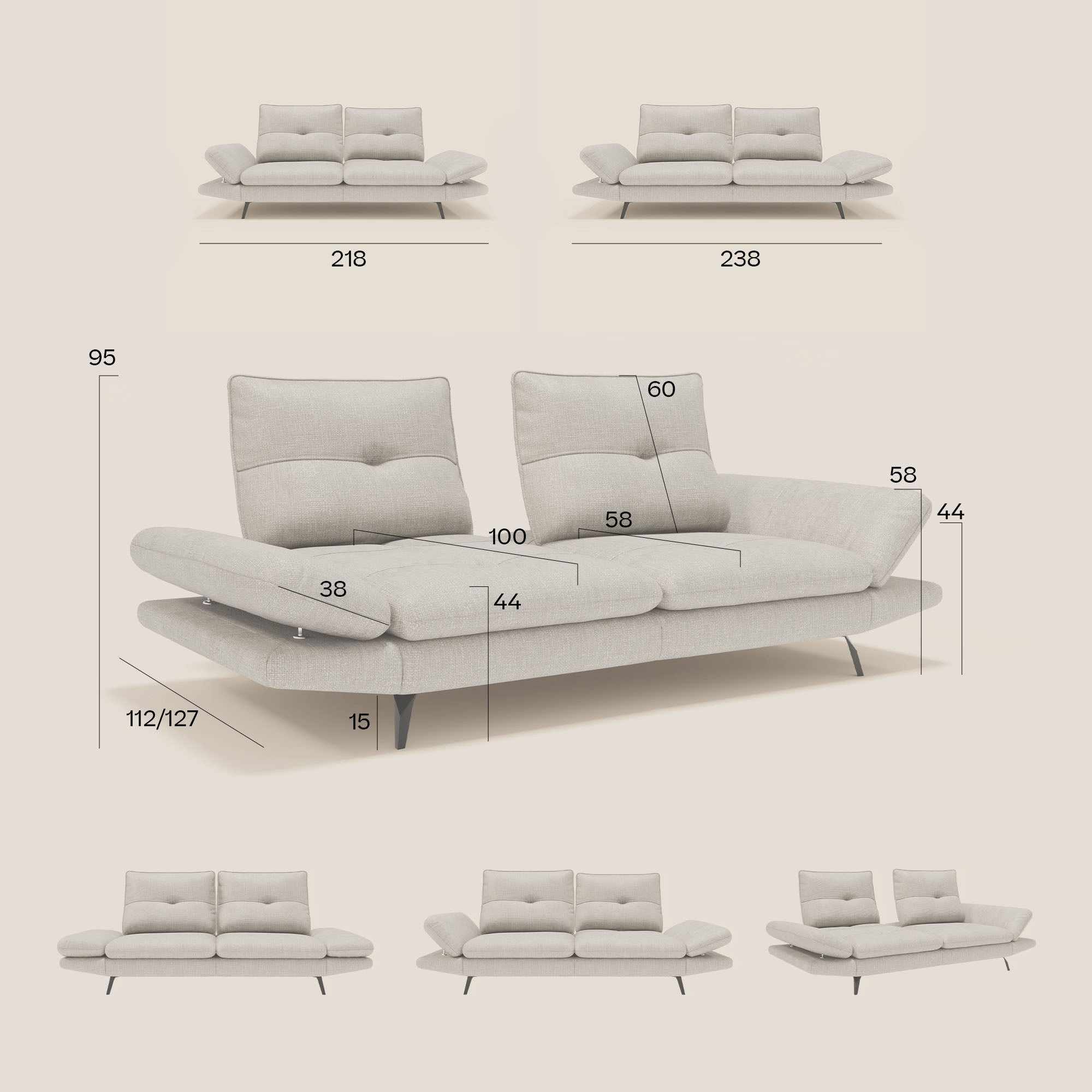 Ardex 3-Sitzer-Sofa mit verschiebbaren Rückenlehnen und verstellbaren Armlehnen aus weichem, wasserfestem Stoff T06 anthrazit