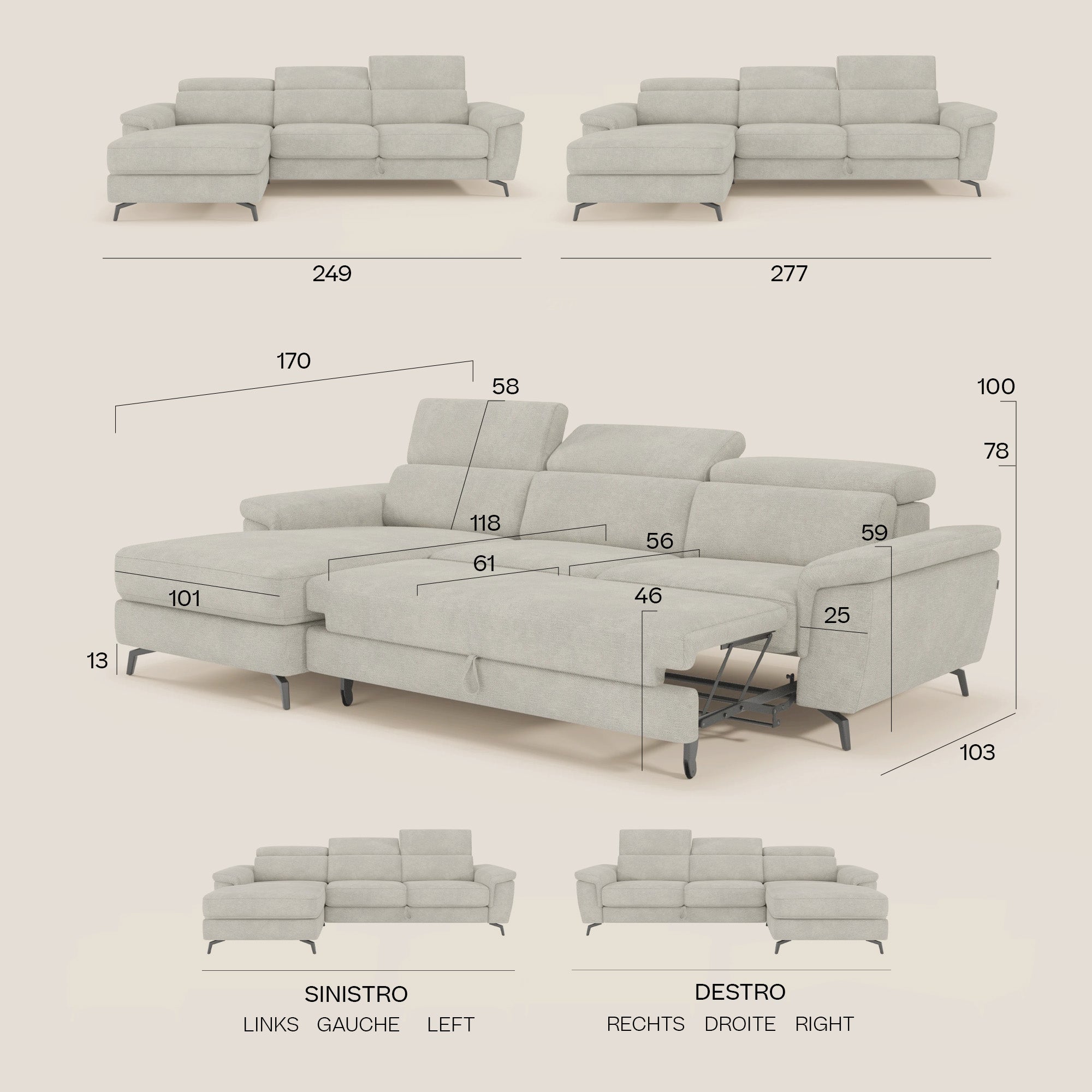 Estro Ausziehbares Sofa mit Chaiselongue und verstellbaren Kopfstützen aus wasserfestem Stoff T14 baby blau