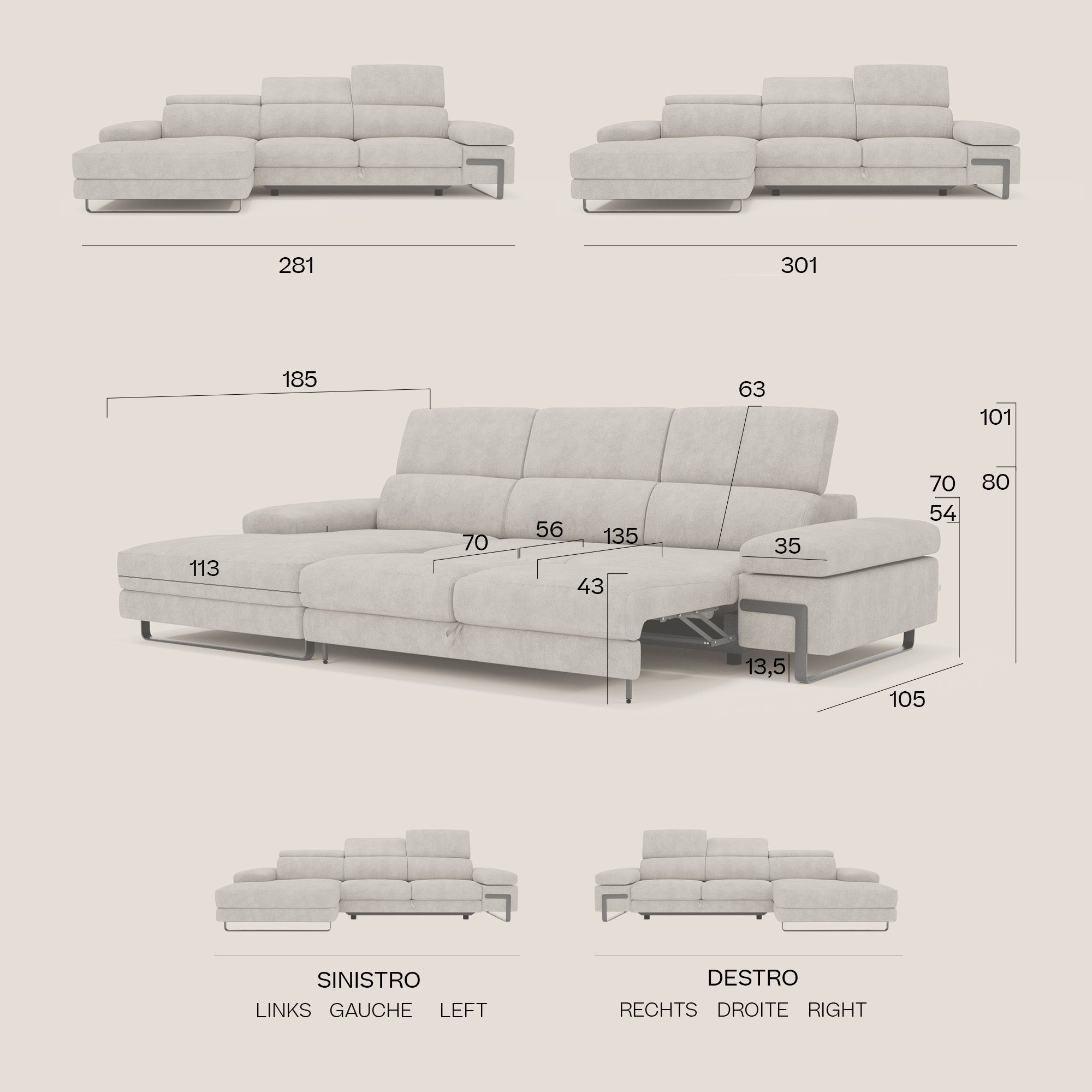 Zayana Ecksofa mit Ausziehfunktion – verstellbare Armlehnen und Kopfstützen aus wasserfestem Stoff T02 baby blau