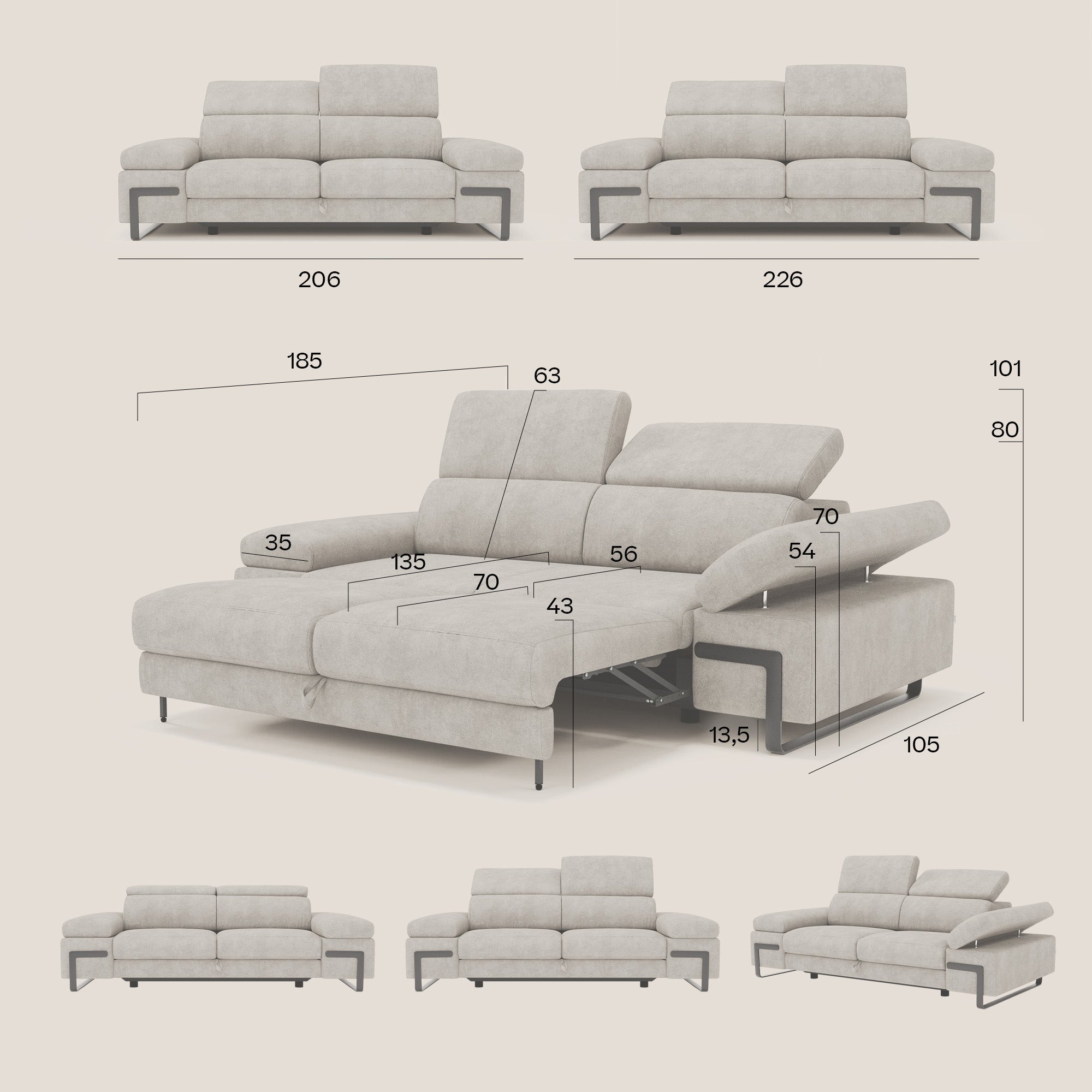 Zayana 3-Sitzer-Sofa mit ausziehbarem Element – verstellbare Armlehnen und Kopfstützen aus wasserfestem Stoff T02 baby blau