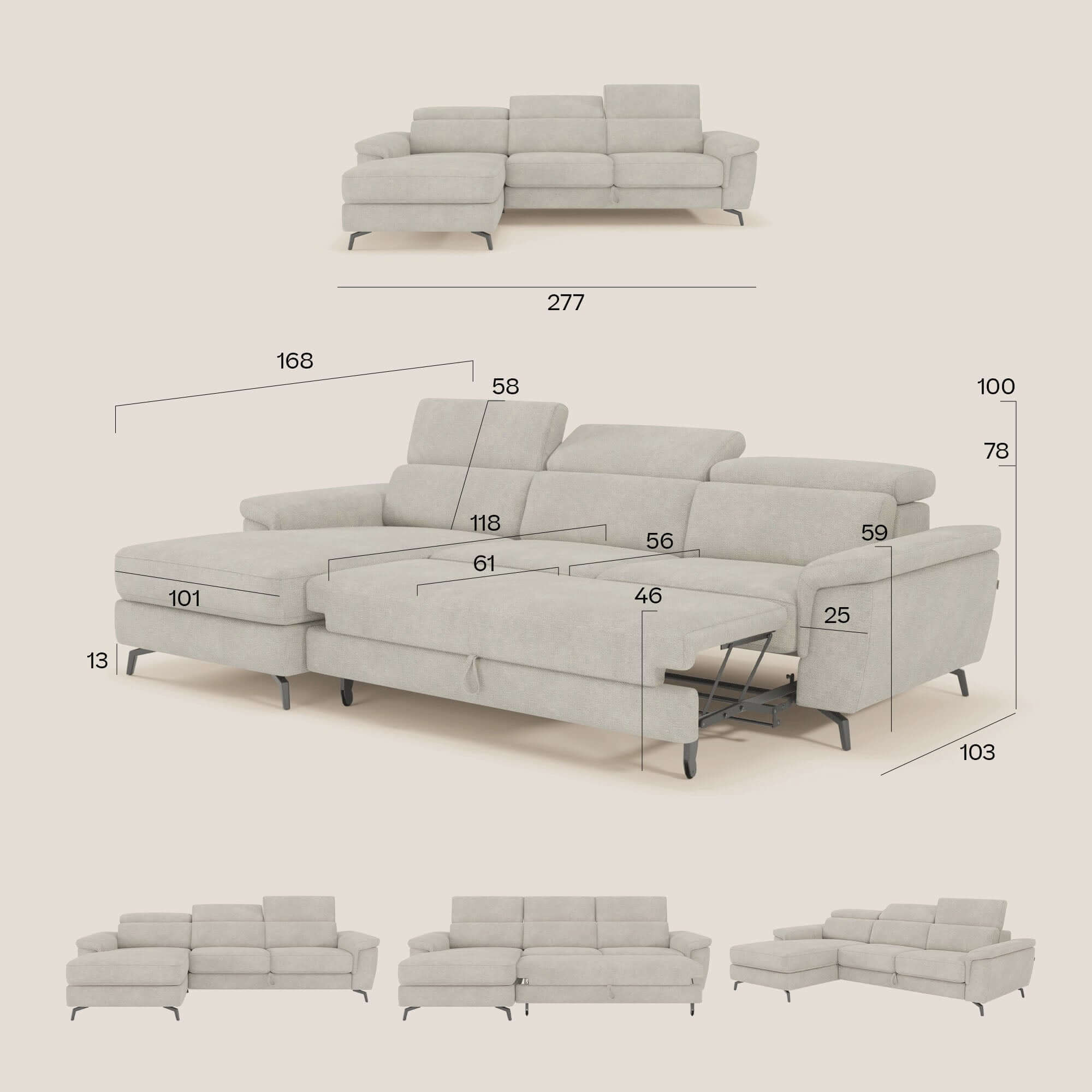 Estro Ausziehbares Sofa mit Chaiselongue und verstellbaren Kopfstützen 277 cm LINKS aus wasserfestem Stoff T14 baby blau