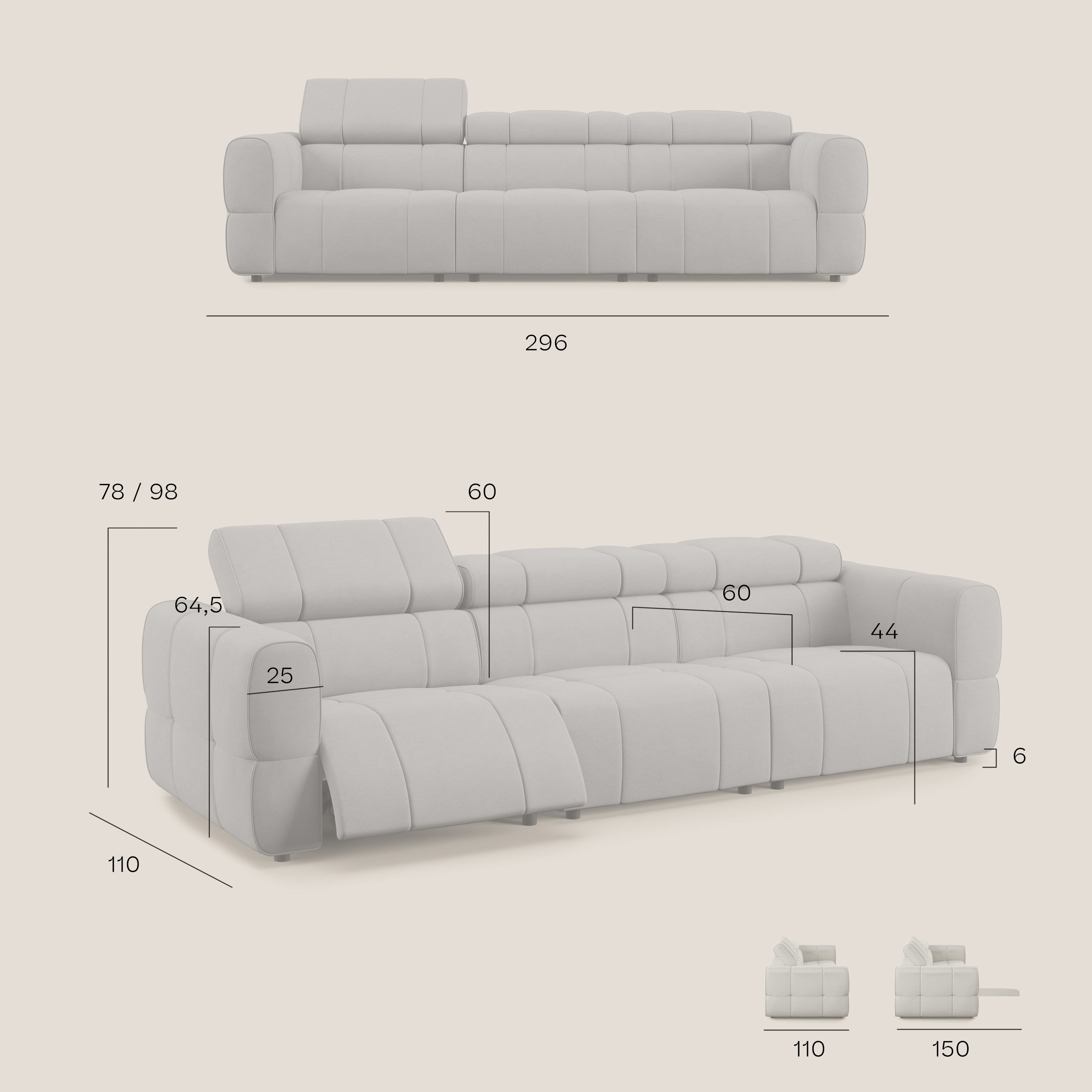 Giotto Divano modulare a 3 sedute con opzione relax elettrico in microfibra effetto velluto impermeabile T09 rosso - divani.store