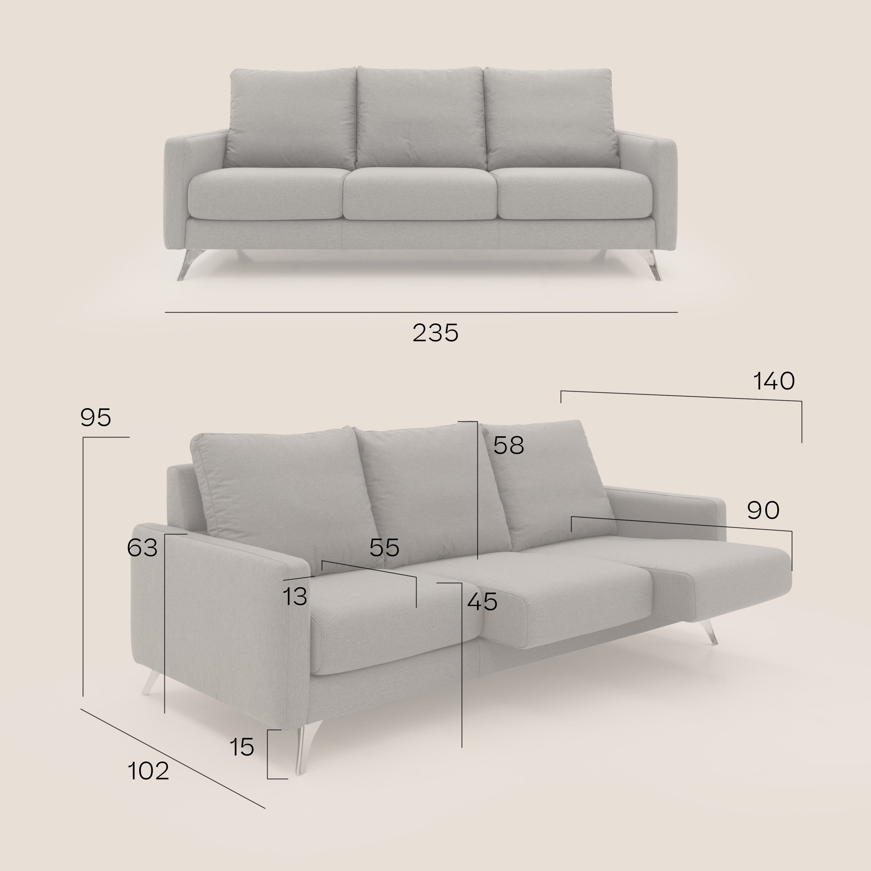 Klimt divano con 3 sedute allungabili e schienali in piuma d'oca in tessuto smacchiabile T05 beige - divani.store