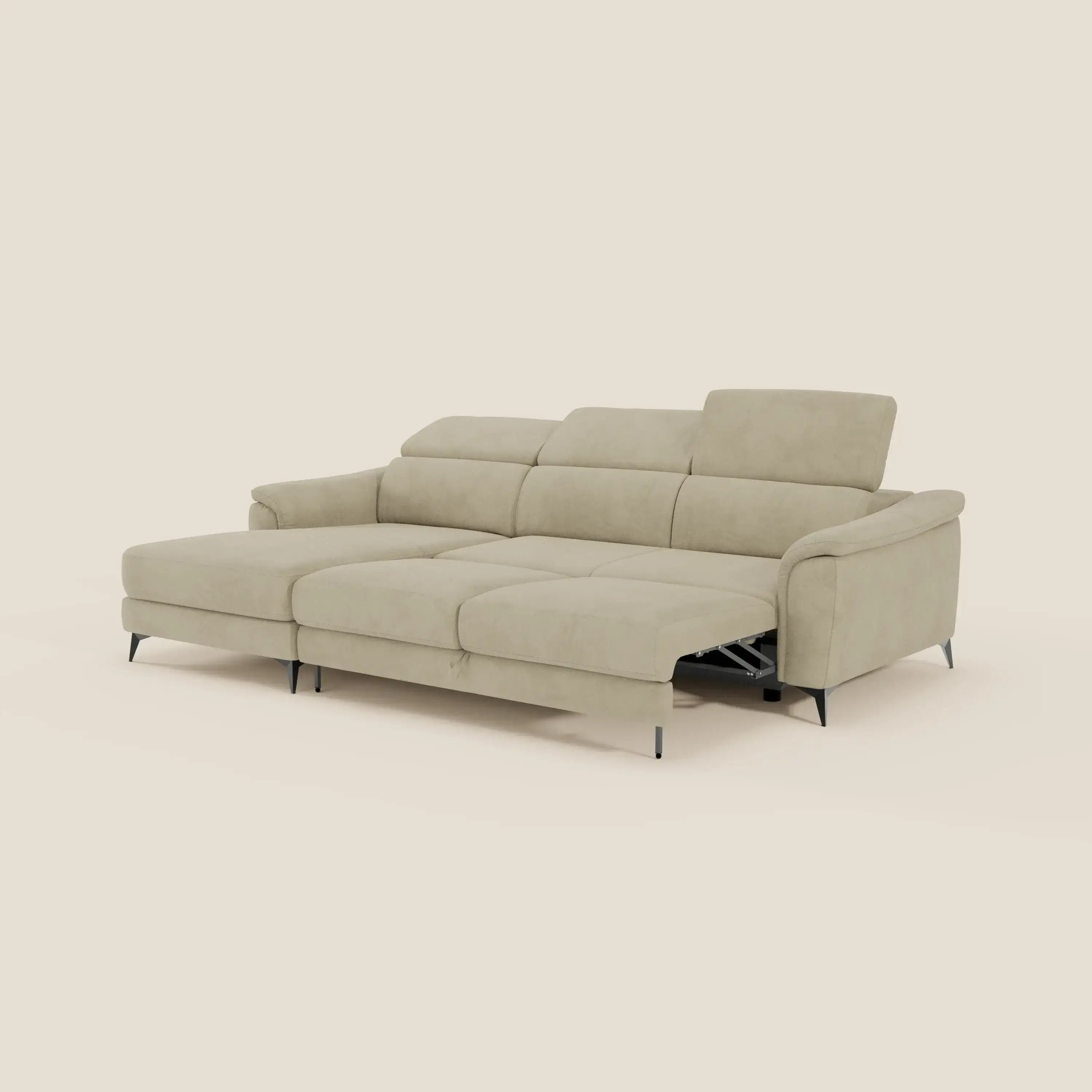 Arcos Sofa mit Halbinsel – hohe Füße und verstellbare Kopfstützen aus wasserfester Mikrofaser T11 beige