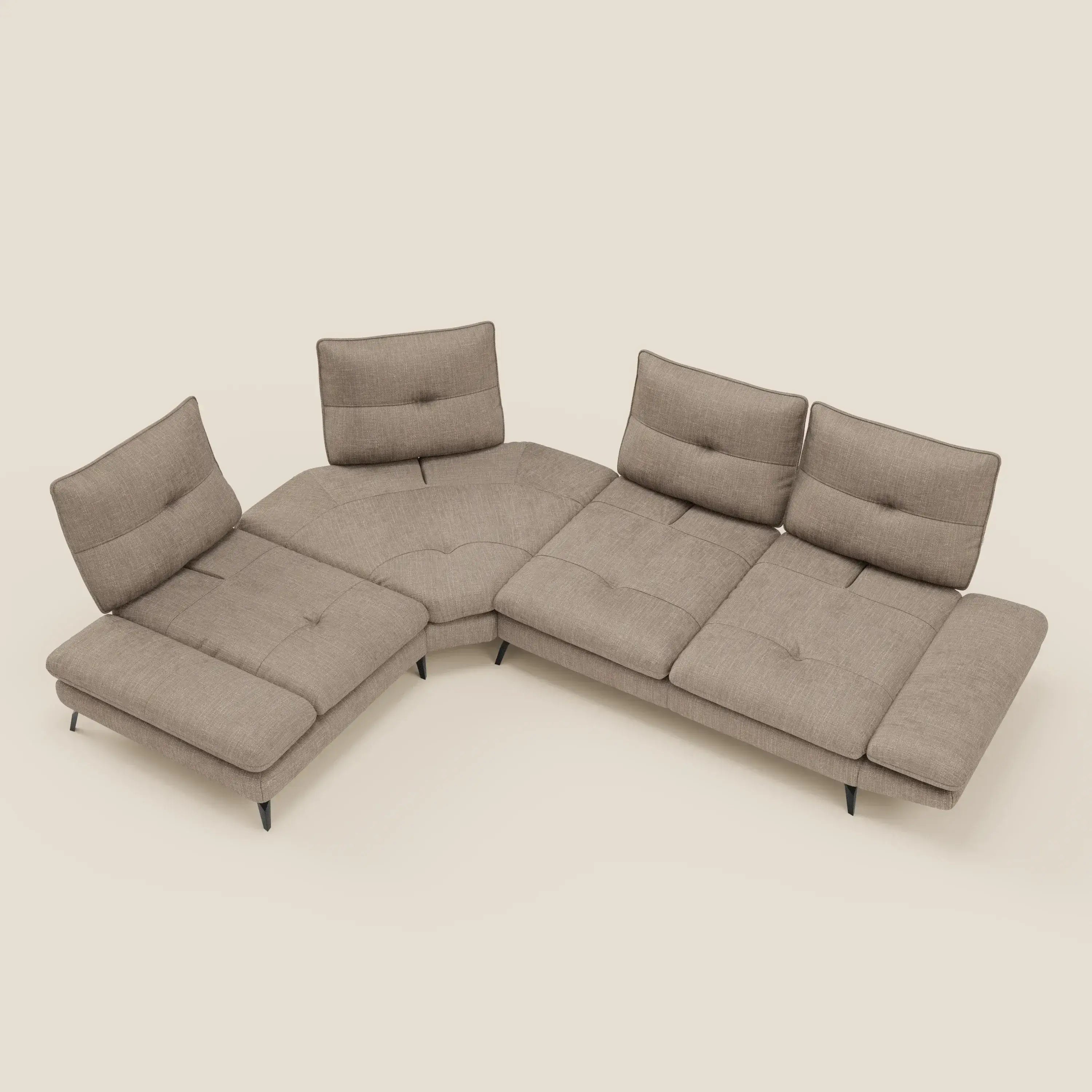 Ardex Divano Angolare - schienali traslanti e bracciolo regolabile in elegante tessuto impermeabile T06 tortora - divani.store