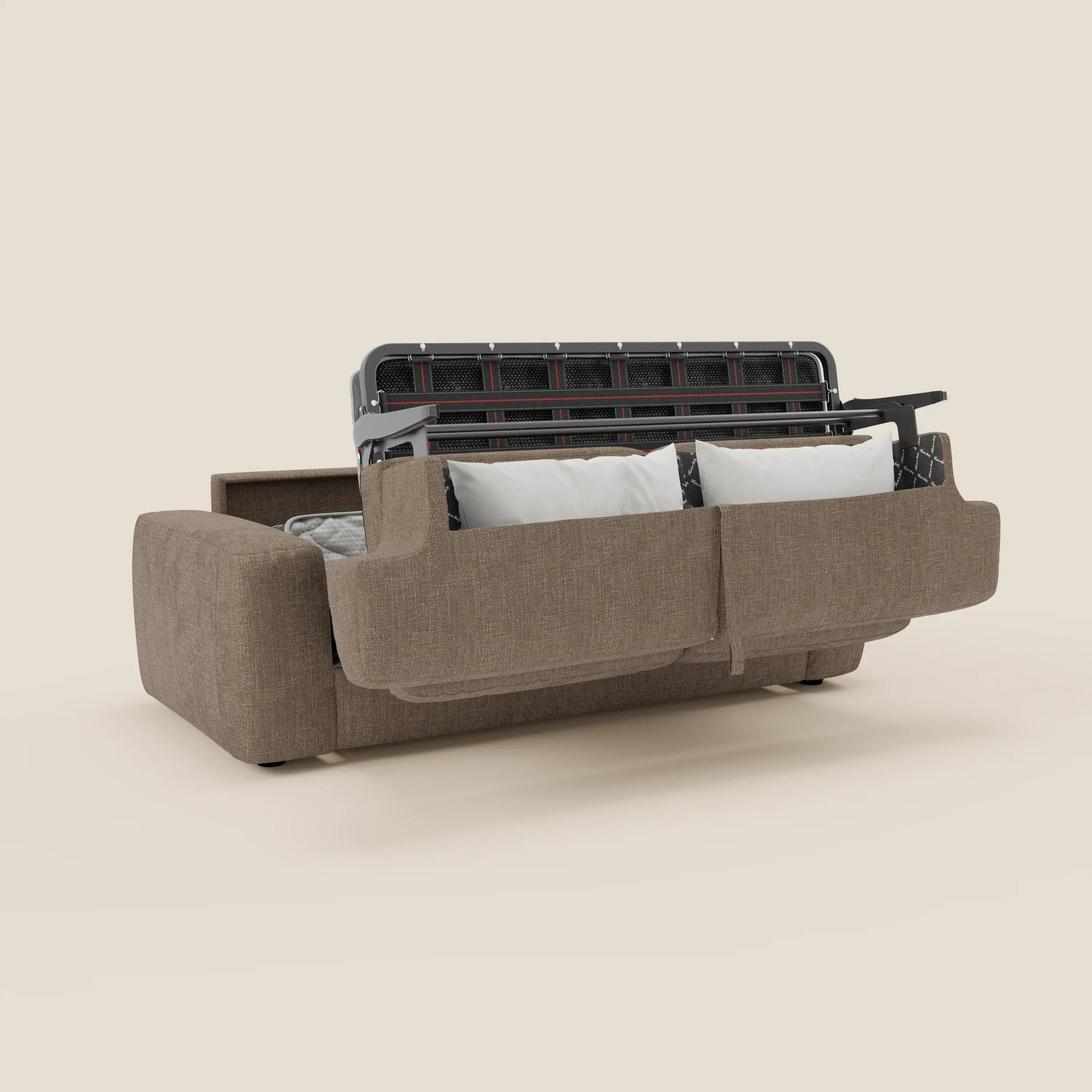 Il divano letto materasso Cloud H17 cm di Divani.Store nel colore marrone T06 è caratterizzato da morbidi cuscini impermeabili e sfoderabili, da una struttura letto estraibile in metallo e da due cuscini bianchi, perfetti per il comfort quotidiano e lo stile trasformabile su uno sfondo beige.