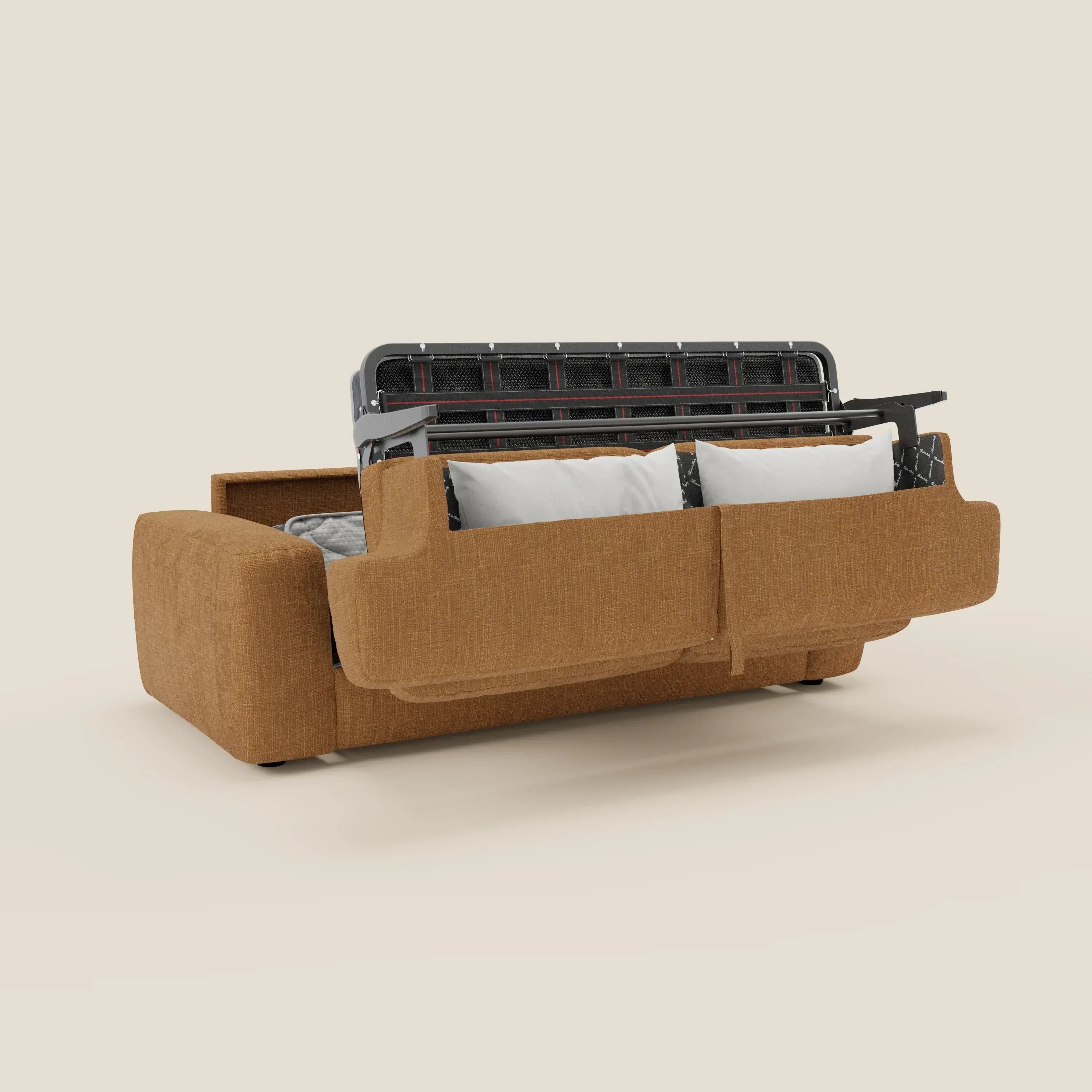 Vivi il comfort quotidiano con Cloud Divano letto materasso H17 cm di Divani.Store. I suoi morbidi cuscini in tessuto impermeabile T06 ocra e il design moderno conferiscono stile e versatilità a qualsiasi ambiente, trasformandosi facilmente da divano ad accogliente letto.