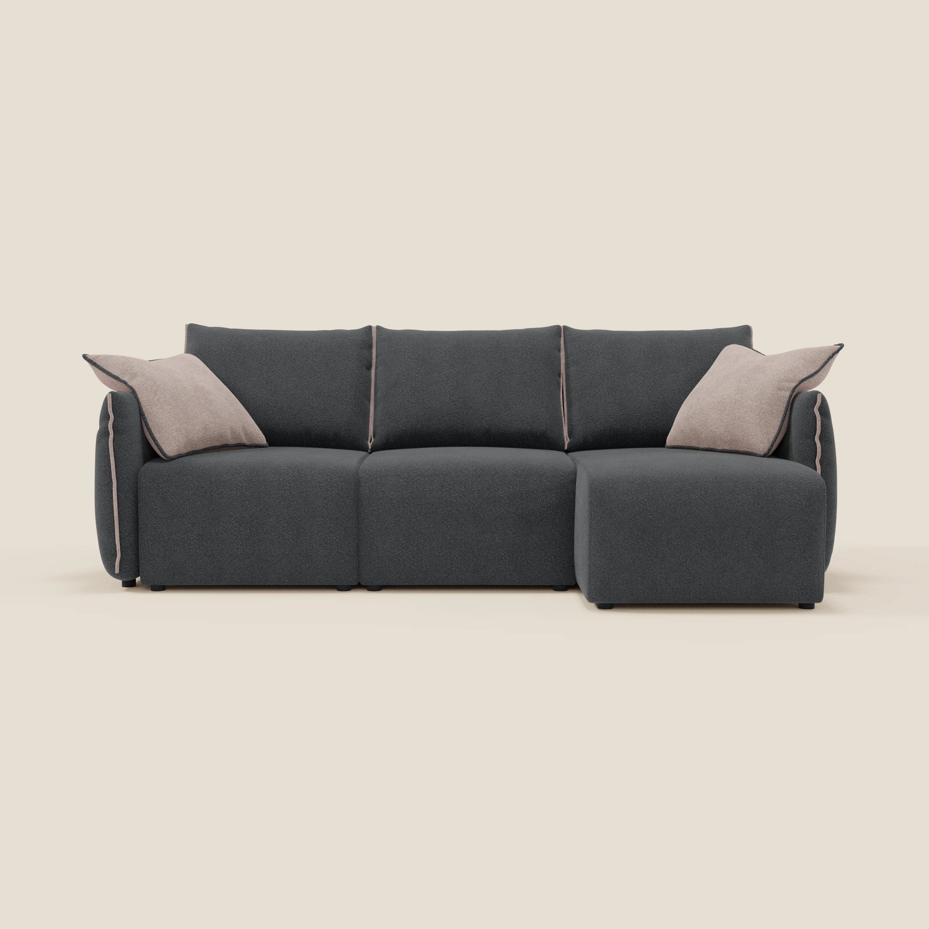 Il Flexar Divano angolare reversibile di Divani.Store in T07 antracite-rosa bouclé impermeabile è caratterizzato da tre cuscini per la seduta e lo schienale, una chaise longue destra, due cuscini di arredo beige e un comfort in piuma d'oca con modularità.