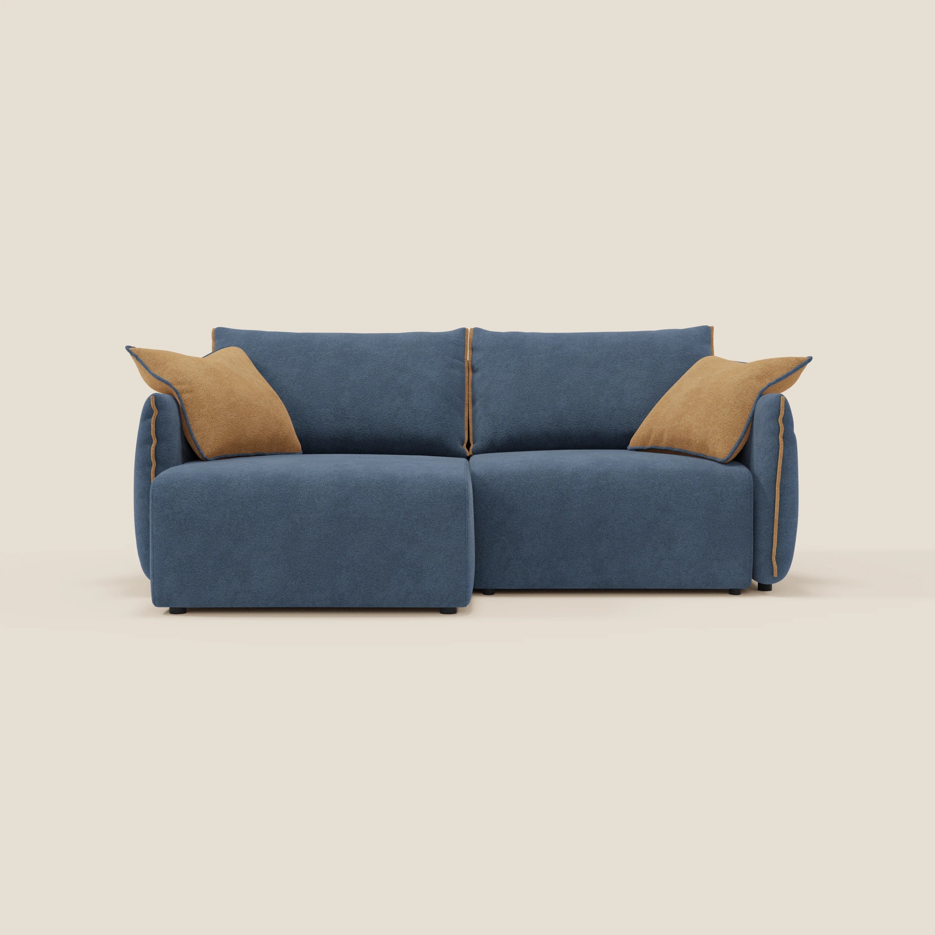 Flexar Sofa mit ausziehbaren Sitzen und Rückenlehne aus Gänsedaunen aus weichem, wasserfestem Bouclé T07 blau - orange