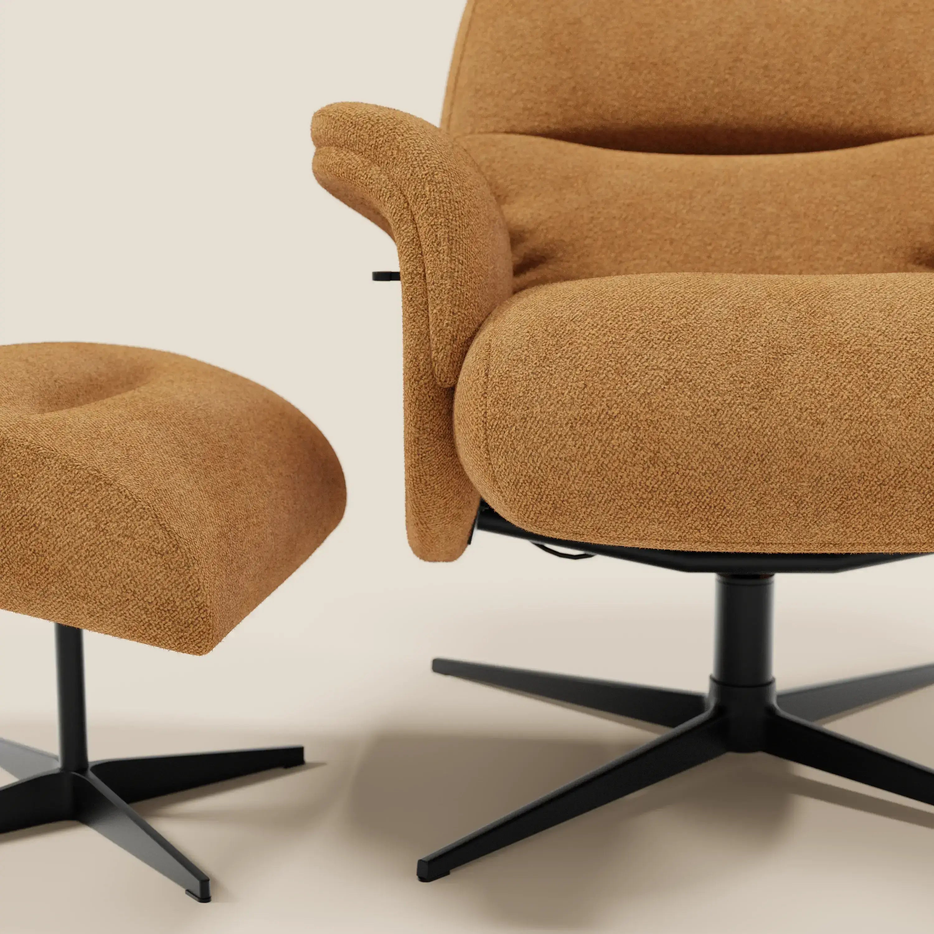 Primo piano della Poltrona relax Lunor reclinabile con pouf poggiapiedi in tessuto bouclé impermeabile T07 arancione di Divani.Store, caratterizzata da basi girevoli in metallo nero su sfondo beige chiaro.