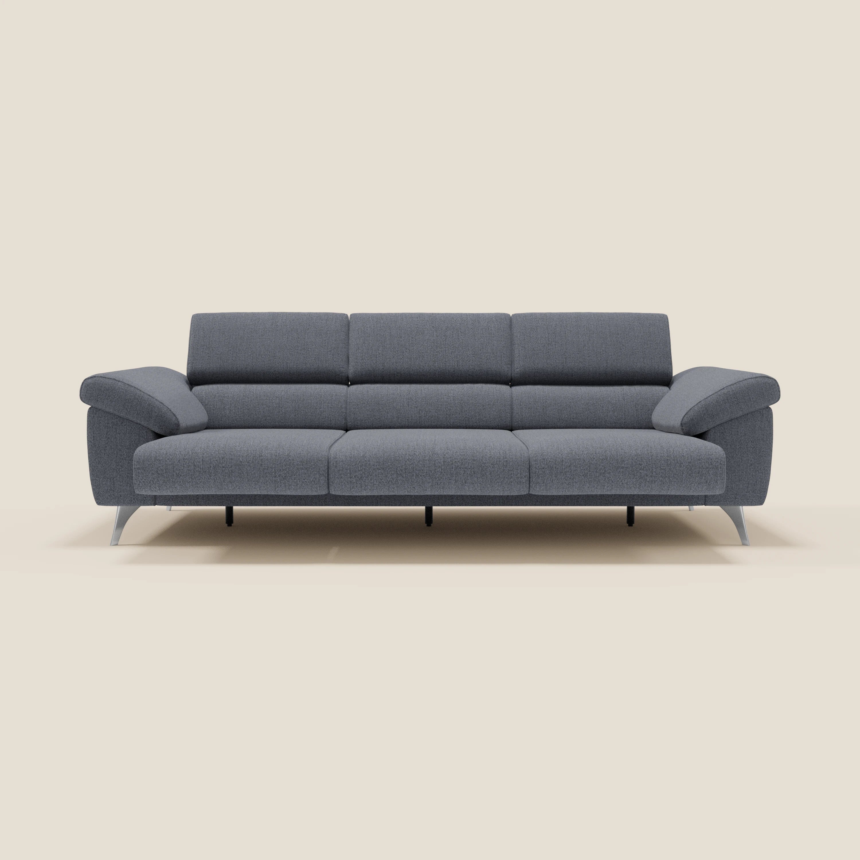 Donatello Sofa mit 3 ausziehbaren Sitzen, Armlehnen mit Staufach und verstellbaren Kopfstützen aus abwaschbarem Stoff T23 graphitblau