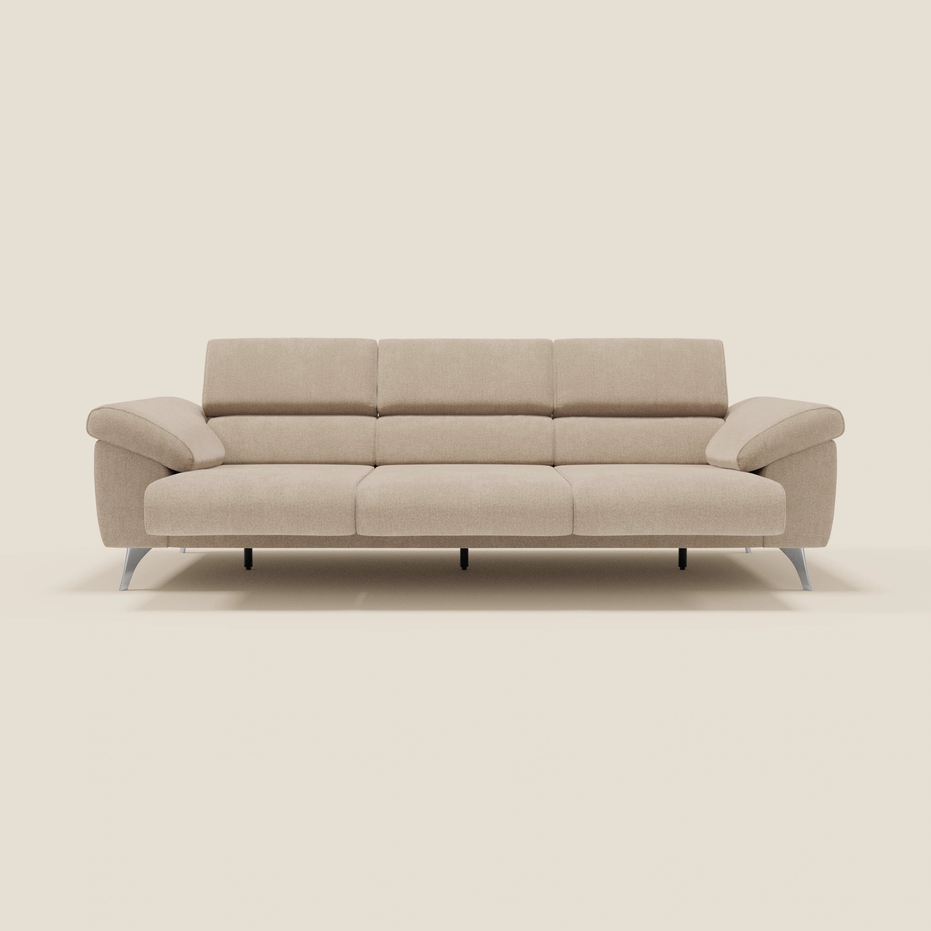 Donatello Sofa mit 3 ausziehbaren Sitzen, Armlehnen mit Staufach und verstellbaren Kopfstützen aus abwaschbarem Stoff T23 beige