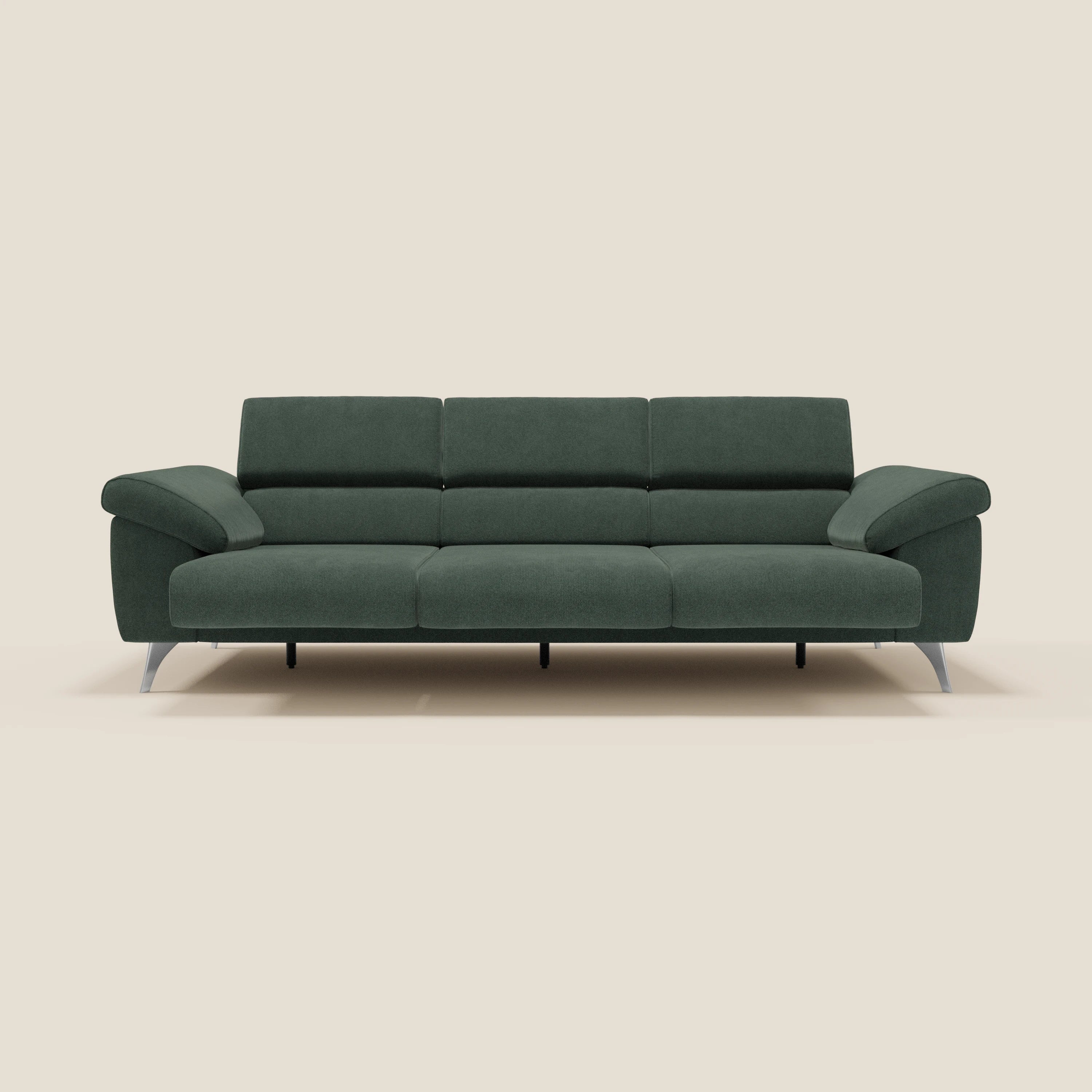 Donatello Sofa 265 cm mit 3 ausziehbaren Sitzen, Armlehnen mit Staufach und verstellbaren Kopfstützen aus abwaschbarem Stoff T23 grün