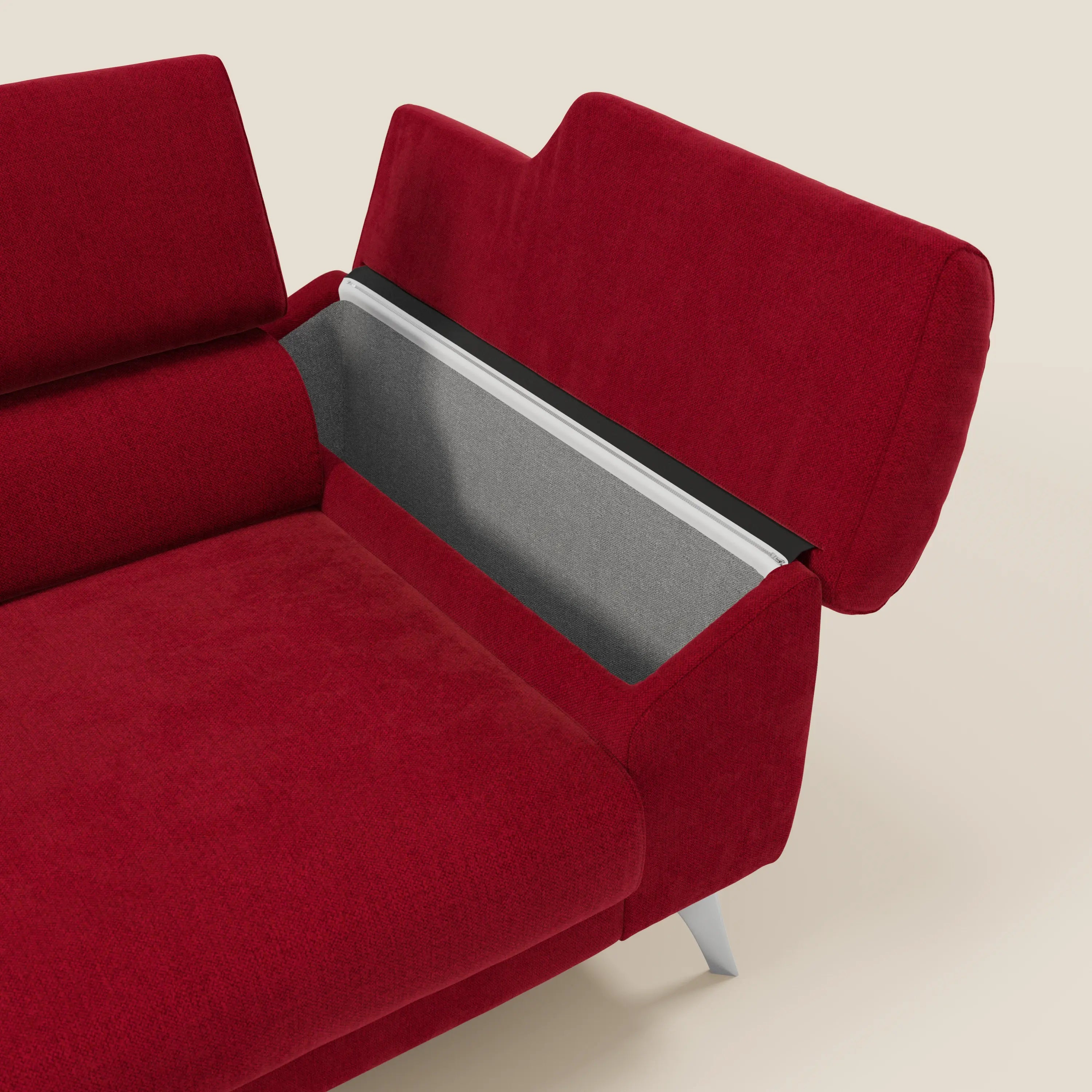 Il divano Donatello di Divani.Store in smacchiabile T23 bordeaux è caratterizzato da sedute allungabili, braccioli contenitore e poggiatesta reclinabili. Il suo design contemporaneo e il pratico contenimento uniscono il comfort intelligente allo stile moderno.