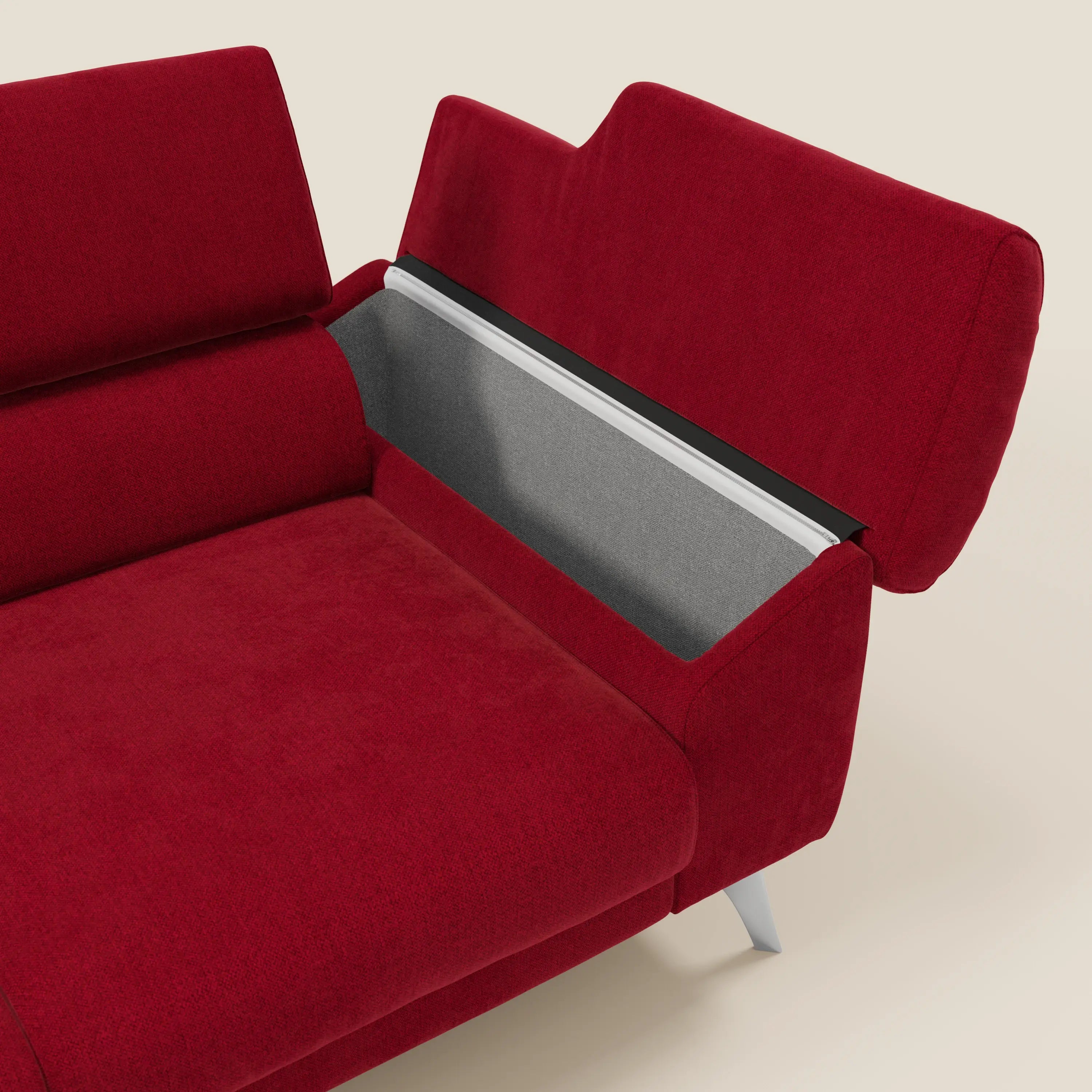 Il divano Donatello di Divani.Store è caratterizzato da 3 sedute allungabili, braccioli contenitore, poggiatesta reclinabili e tessuto smacchiabile T23 bordeaux. Ha linee pulite, gambe in metallo, cuscini morbidi e un ampio vano portaoggetti nel bracciolo.