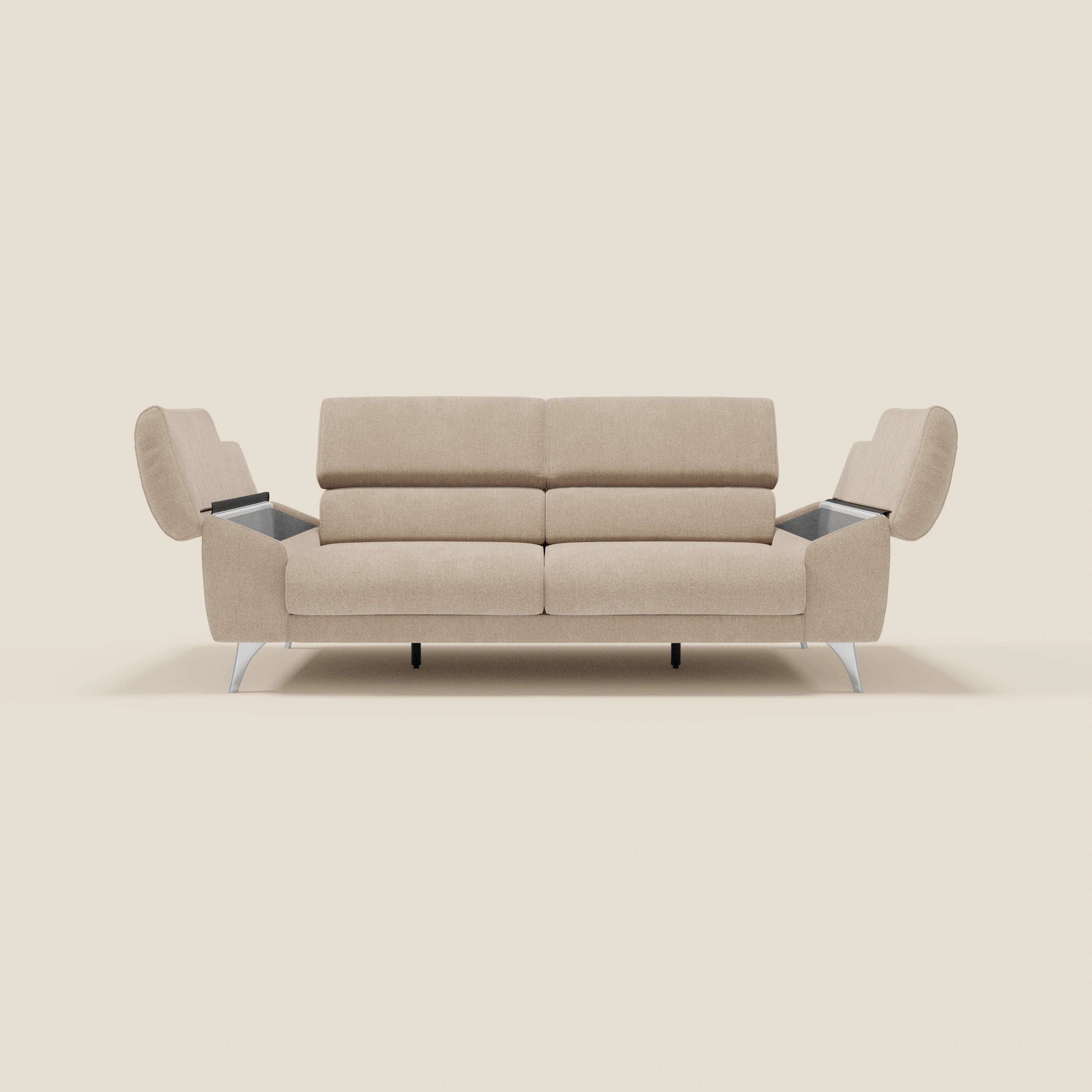 Donatello Sofa mit ausziehbaren Sitzen, Armlehnen mit Staufach und verstellbaren Kopfstützen aus abwaschbarem Stoff T23 Beige