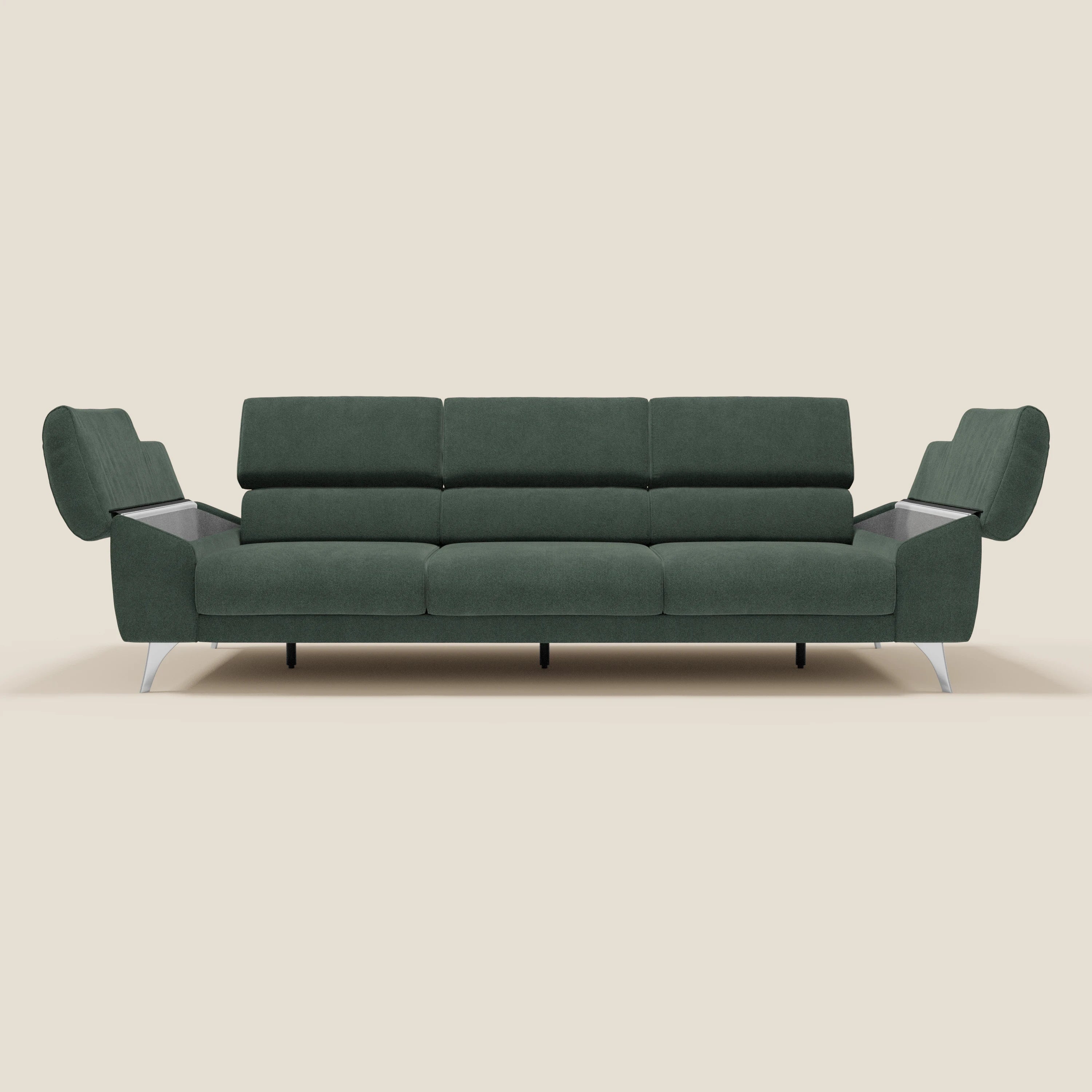 Donatello Sofa 265 cm mit 3 ausziehbaren Sitzen, Armlehnen mit Staufach und verstellbaren Kopfstützen aus abwaschbarem Stoff T23 grün