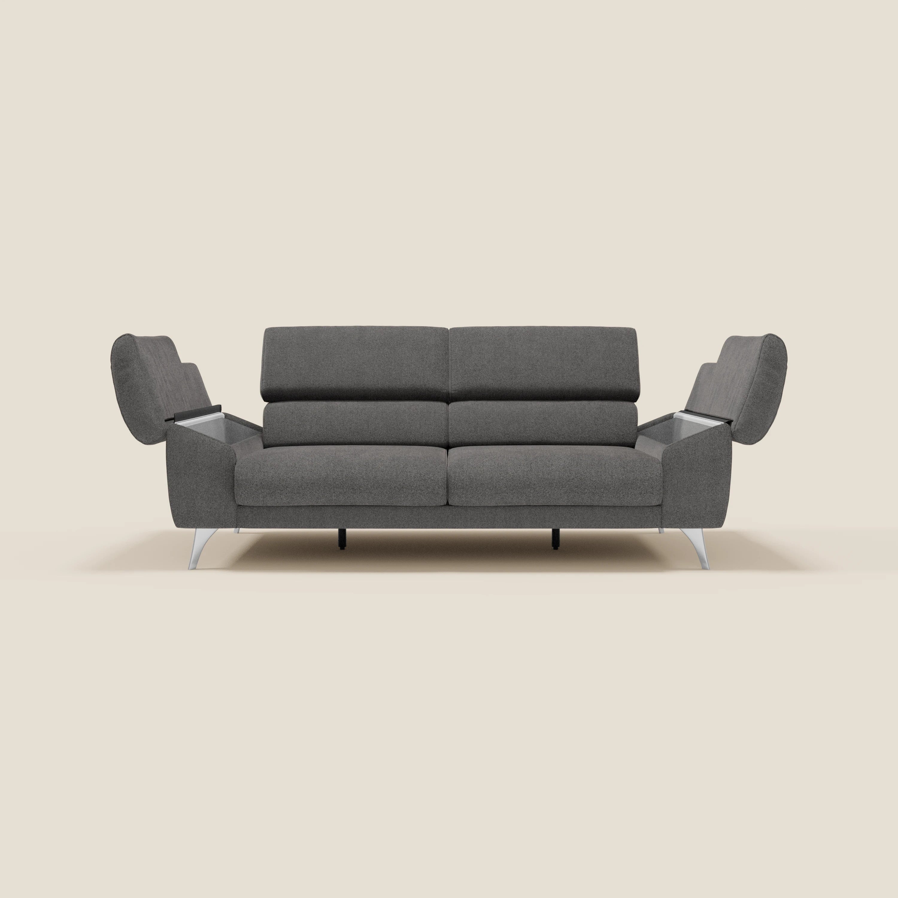 Donatello Sofa mit ausziehbaren Sitzen, Armlehnen mit Staufach und verstellbaren Kopfstützen aus abwaschbarem Stoff T23 Anthrazit