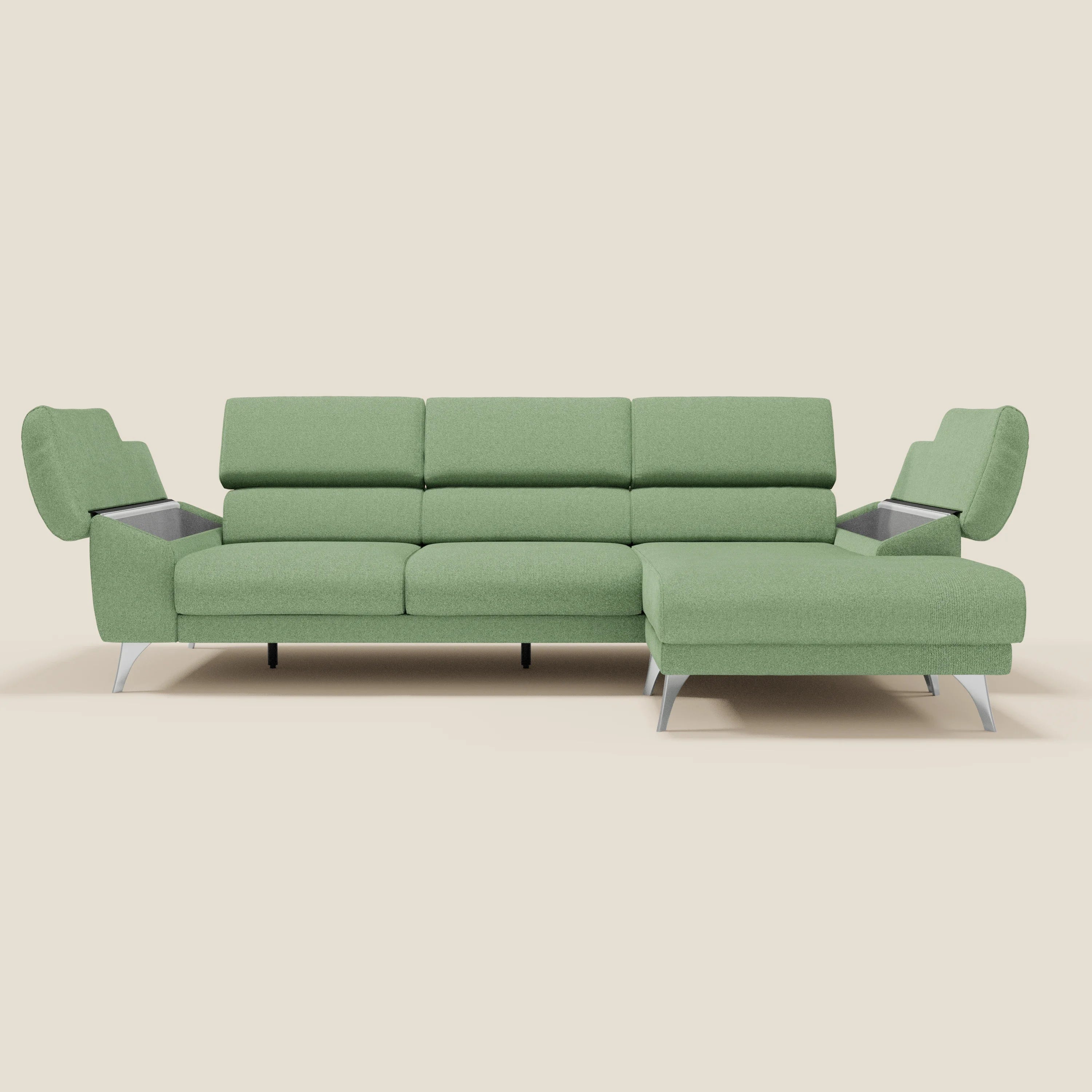 Donatello Ecksofa mit verschiebbaren Sitzen, Armlehnen mit Stauraum und Kopfstütze aus weichem, abwaschbarem Stoff T23 minzgrün