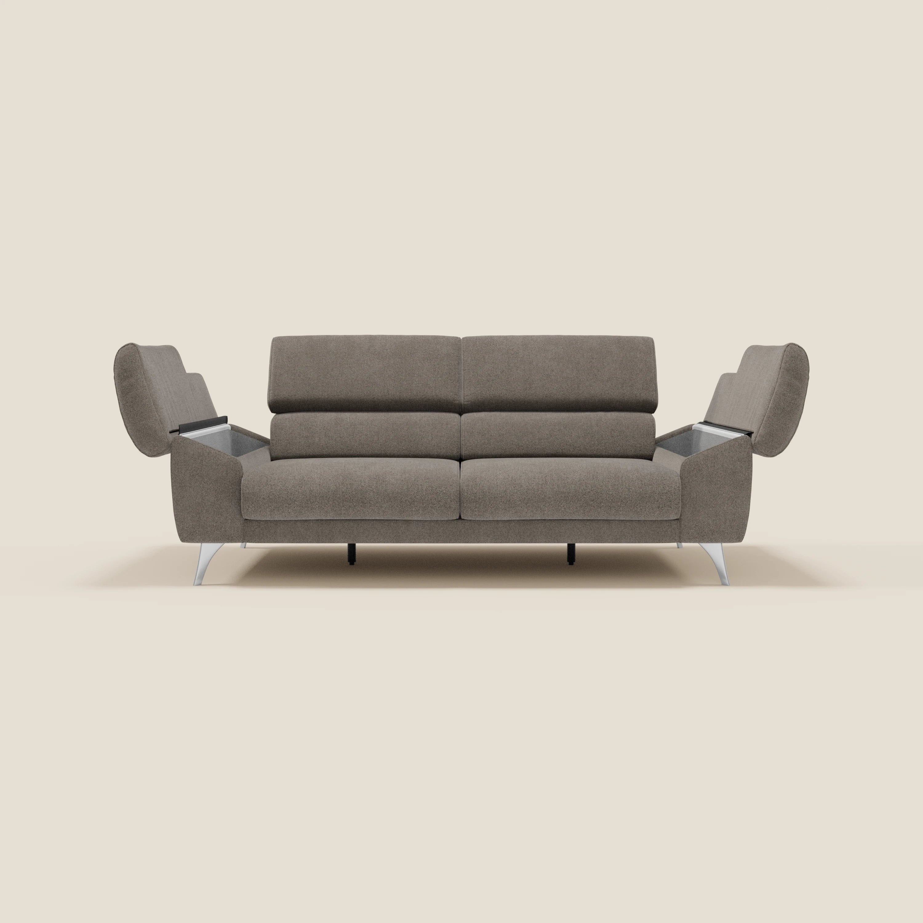 Donatello Sofa mit ausziehbaren Sitzen, Armlehnen mit Staufach und verstellbaren Kopfstützen aus abwaschbarem Stoff T23 Taupe