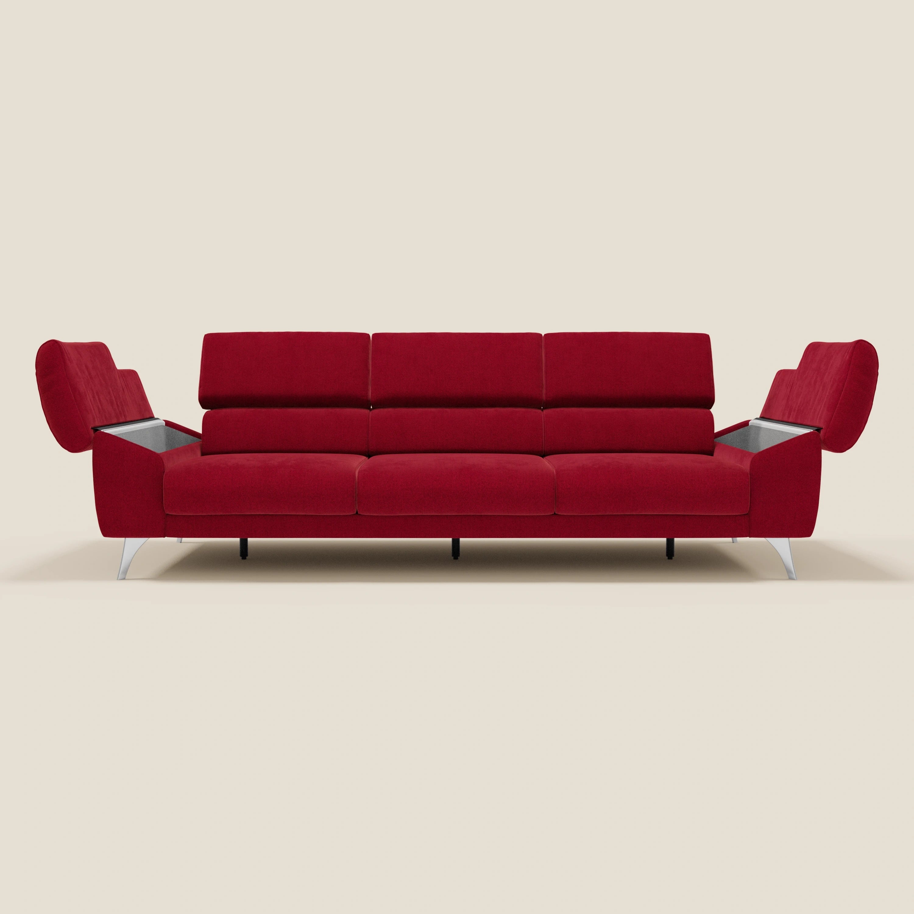 Donatello Sofa mit 3 ausziehbaren Sitzen, Armlehnen mit Staufach und verstellbaren Kopfstützen aus abwaschbarem Stoff T23 burgunder