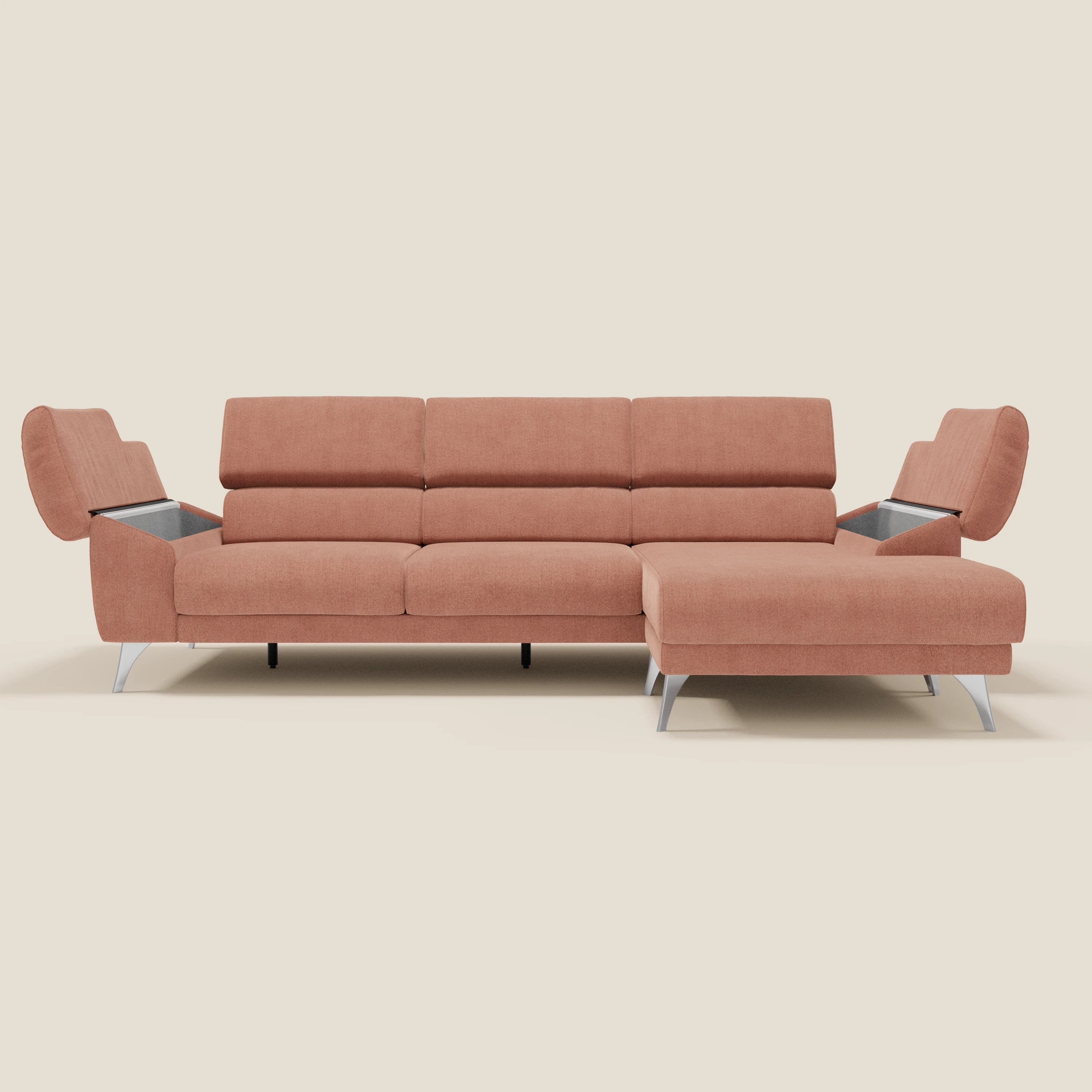 Donatello Ecksofa 265 cm RECHTS mit verschiebbaren Sitzen, Armlehnen mit Stauraum und Kopfstütze aus weichem, abwaschbarem Stoff T23 pfirsich