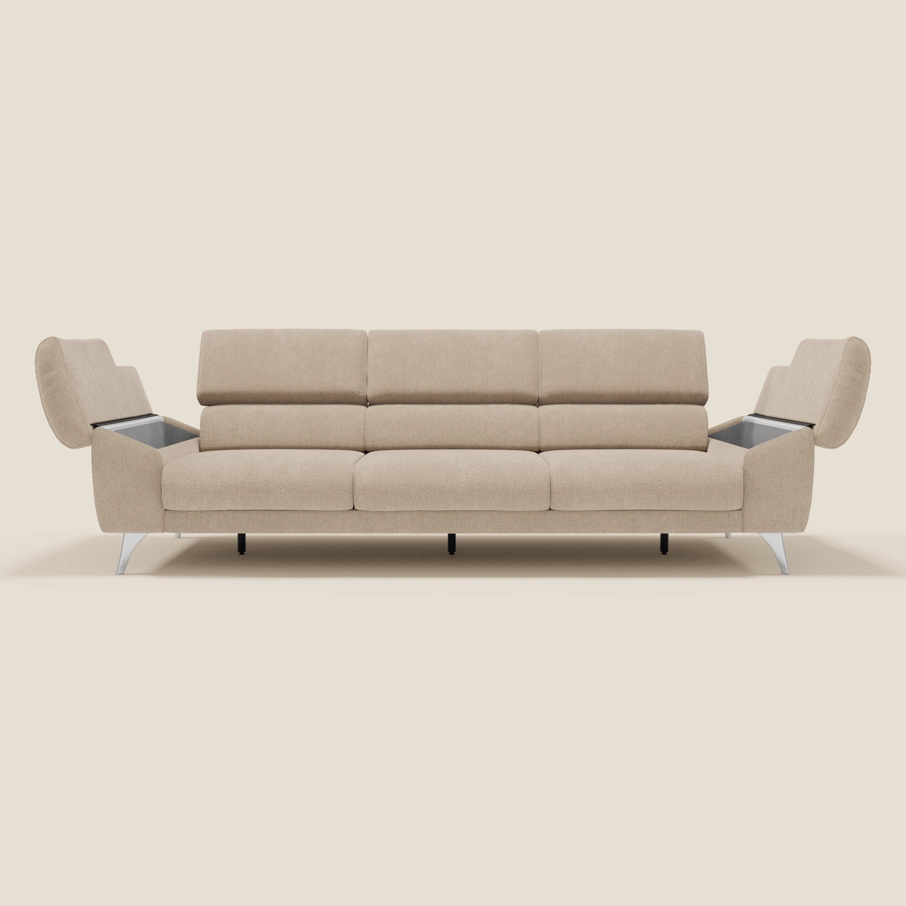 Donatello Sofa mit 3 ausziehbaren Sitzen, Armlehnen mit Staufach und verstellbaren Kopfstützen aus abwaschbarem Stoff T23 beige