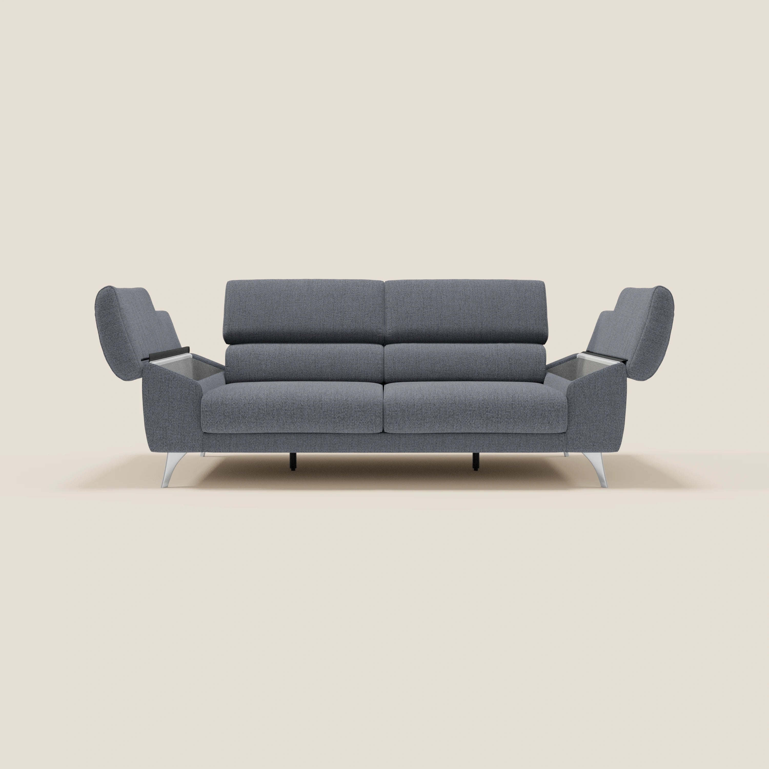 Donatello Sofa mit ausziehbaren Sitzen, Armlehnen mit Staufach und verstellbaren Kopfstützen aus abwaschbarem Stoff T23 Graphitblau