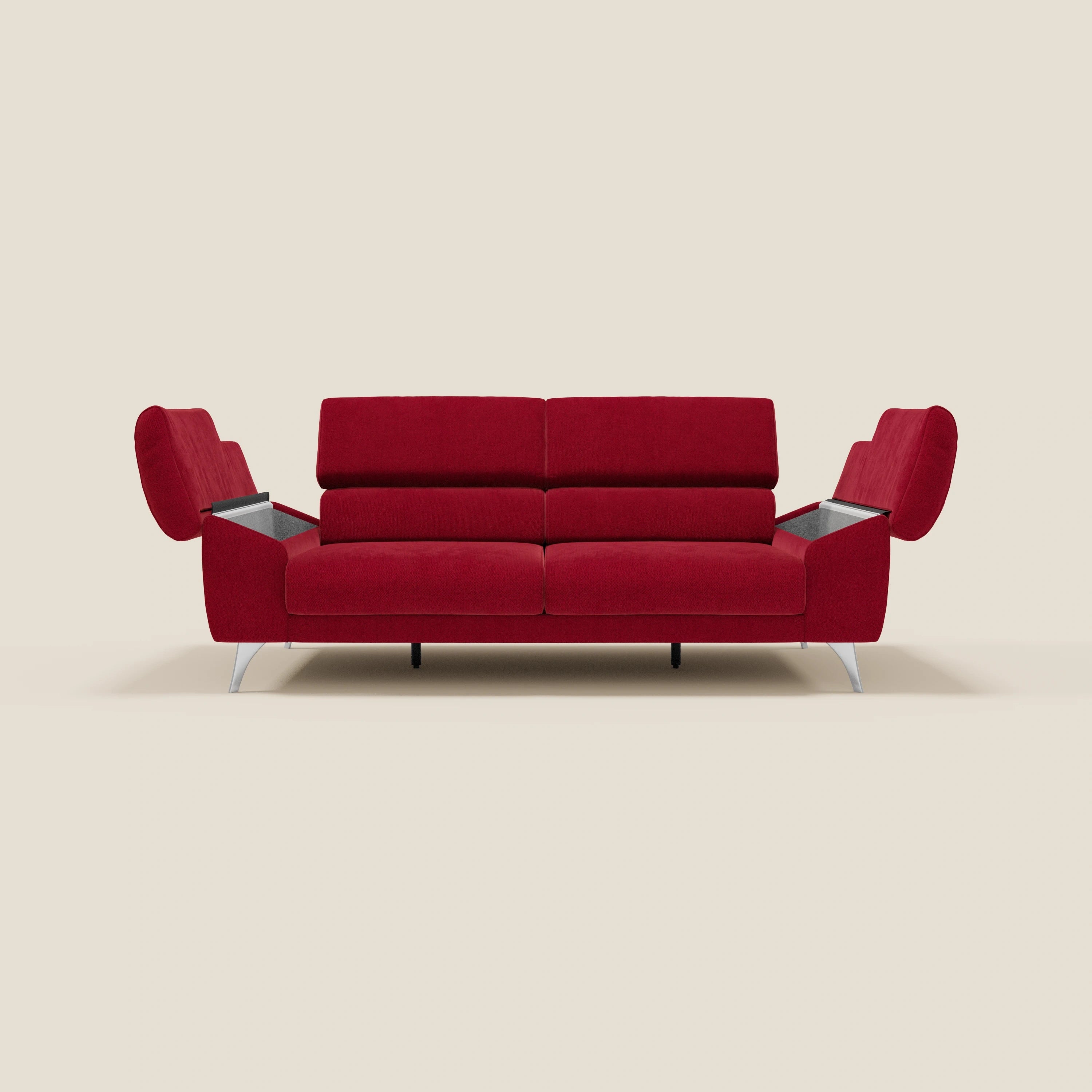 Donatello Sofa mit ausziehbaren Sitzen, Armlehnen mit Staufach und verstellbaren Kopfstützen aus abwaschbarem Stoff T23 Burgunder