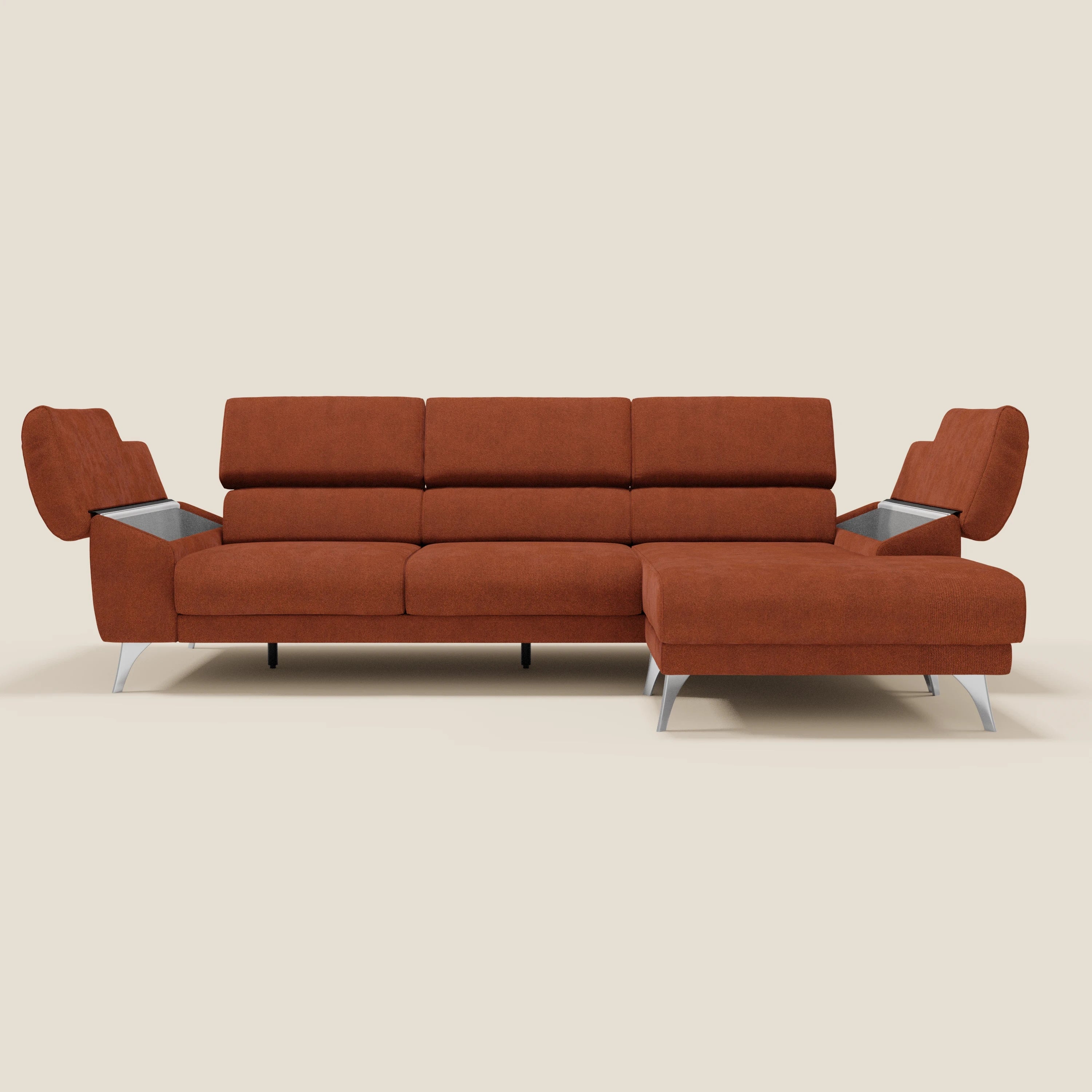 Donatello Ecksofa mit verschiebbaren Sitzen, Armlehnen mit Stauraum und Kopfstütze aus weichem, abwaschbarem Stoff T23 rostrot