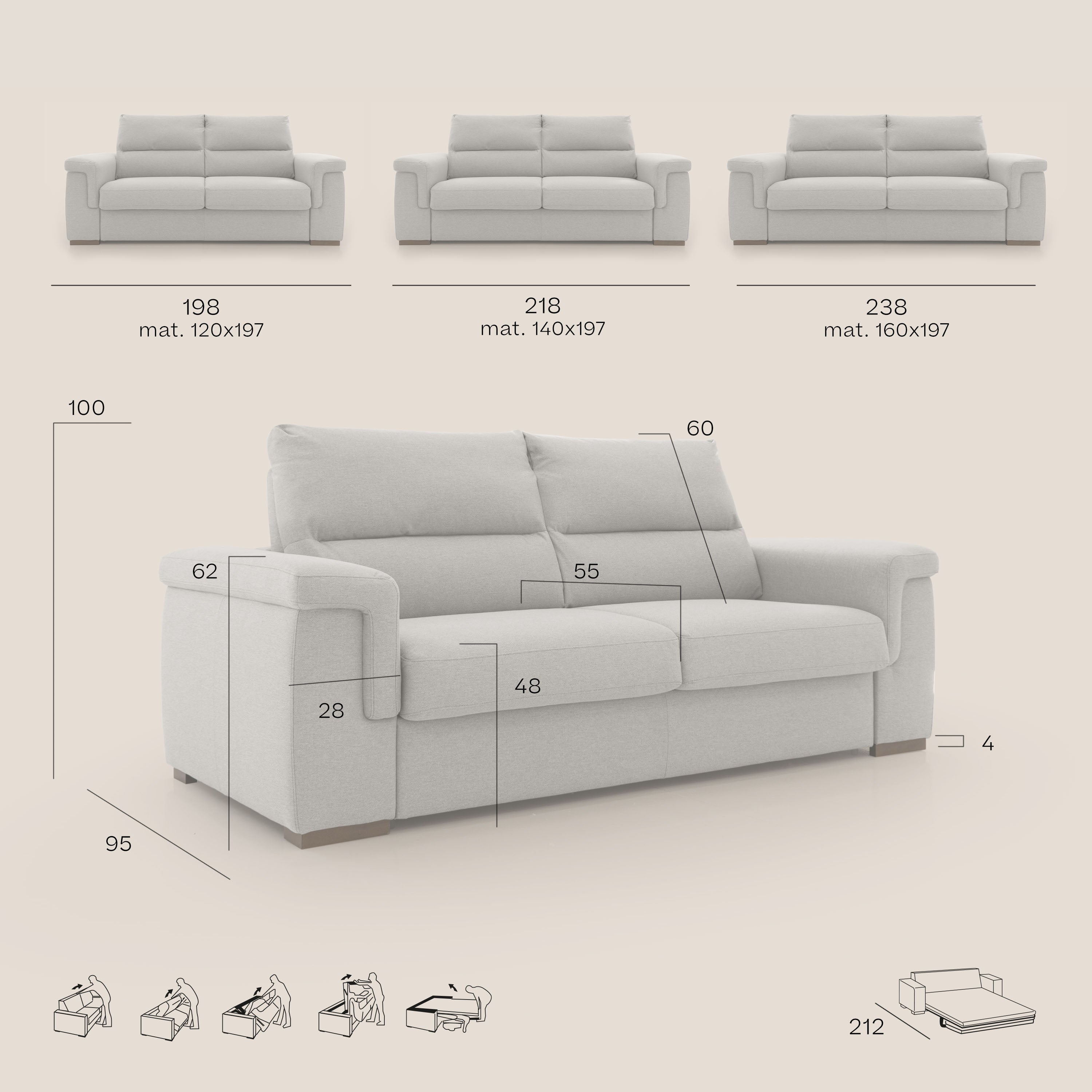Magnolia divano letto con materasso alto 18 cm morbido schienale alto in tessuto smacchiabile T05 antracite - divani.store
