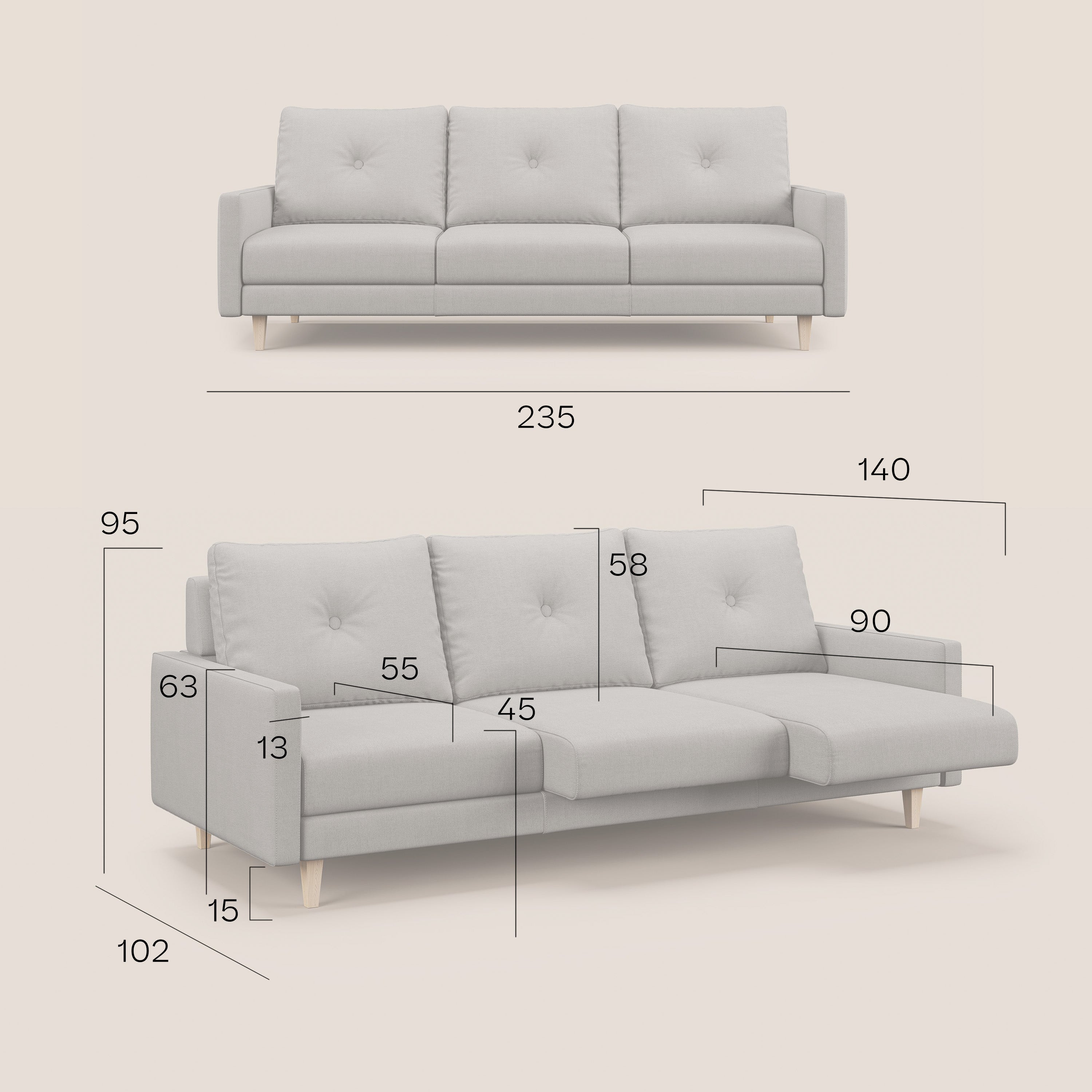 Matisse divano a 3 sedute allungabili e schienali in piuma d'oca in tessuto smacchiabile T17 beige - divani.store