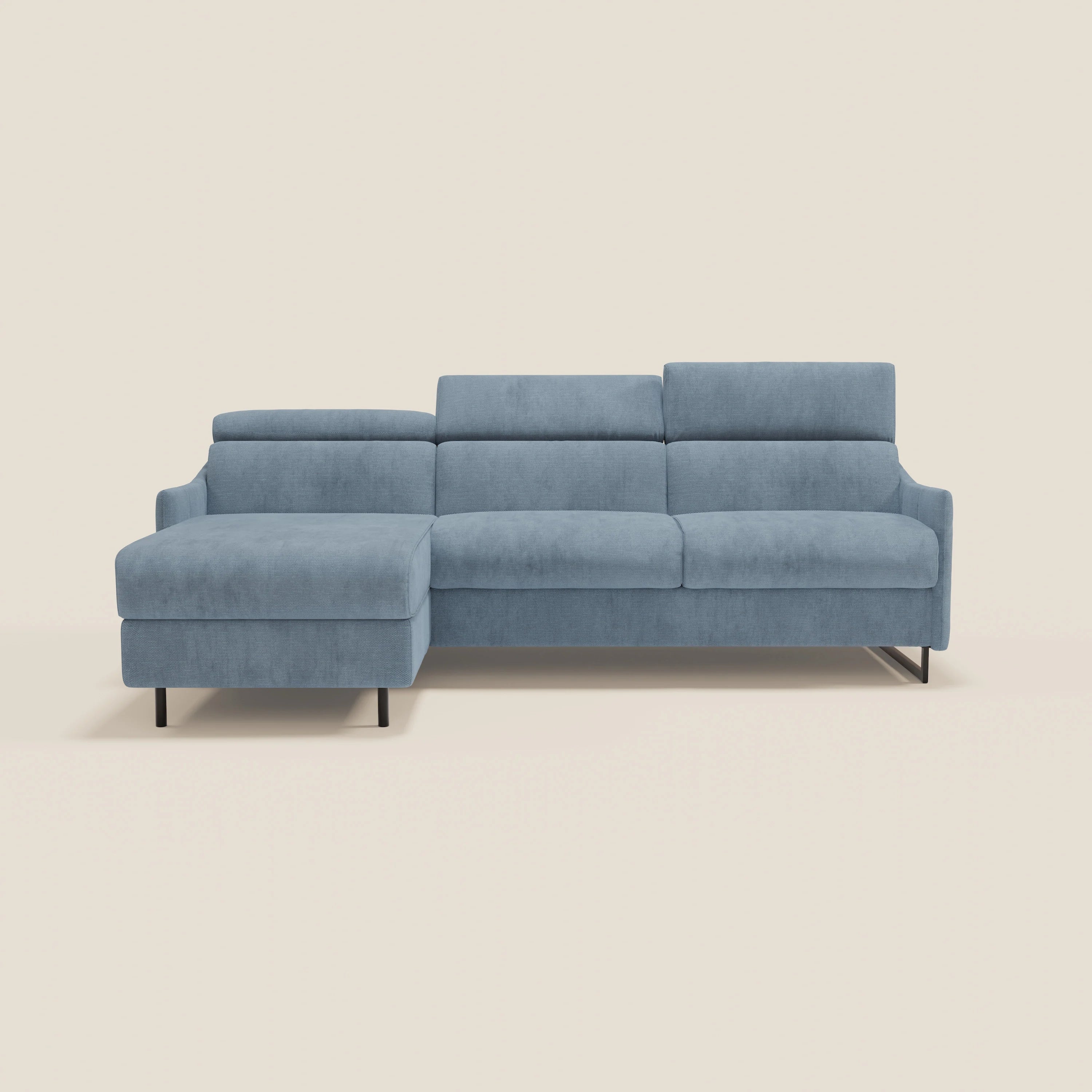 Loto Divano Letto Angolare con Penisola contenitore, Poggiatesta, Materasso Alto H18 in morbido tessuto impermeabile T14 - divani.store