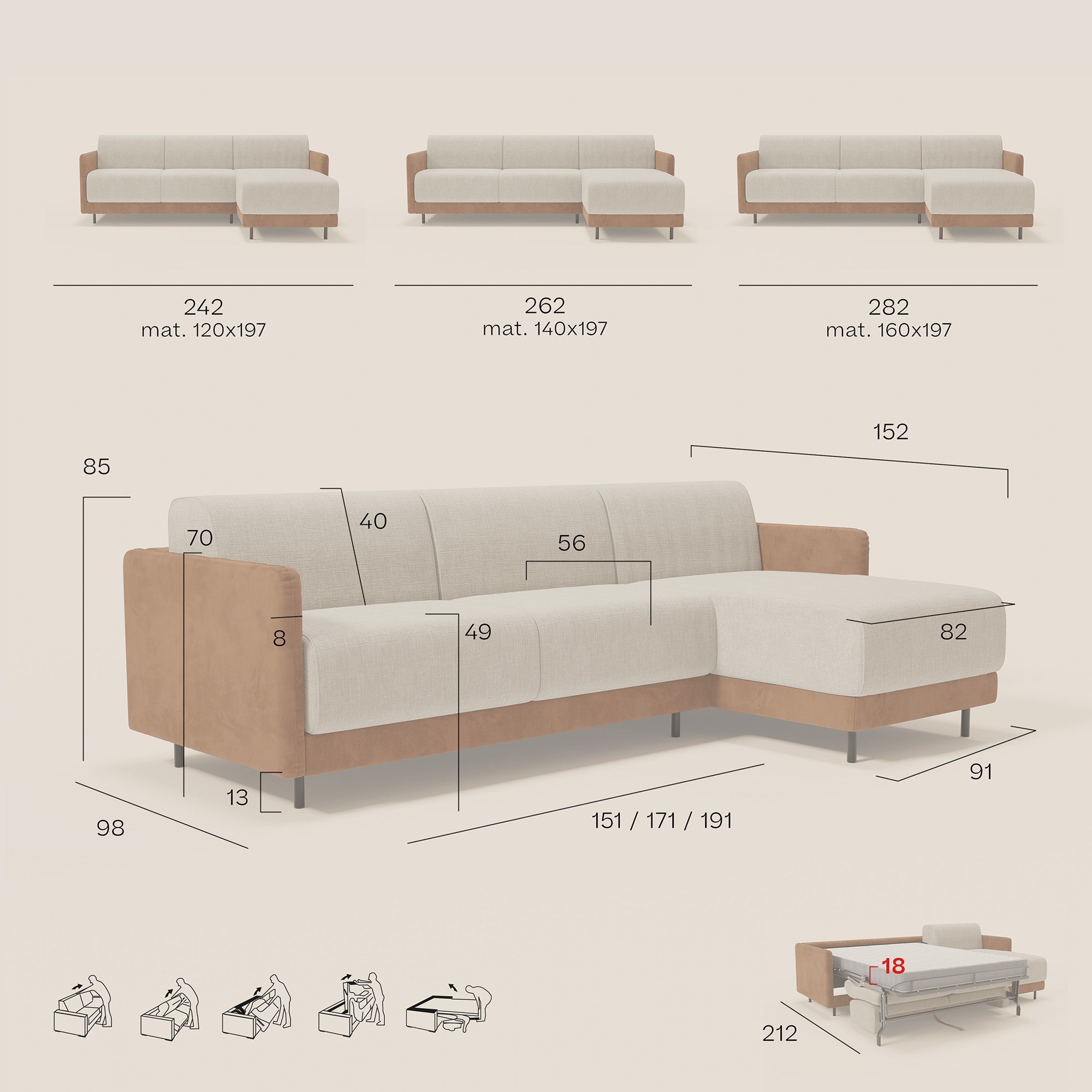 Narciso divano letto angolare con materasso alto 18 cm e penisola contenitore in tessuto bicolore impermeabile T11 e T06 - divani.store