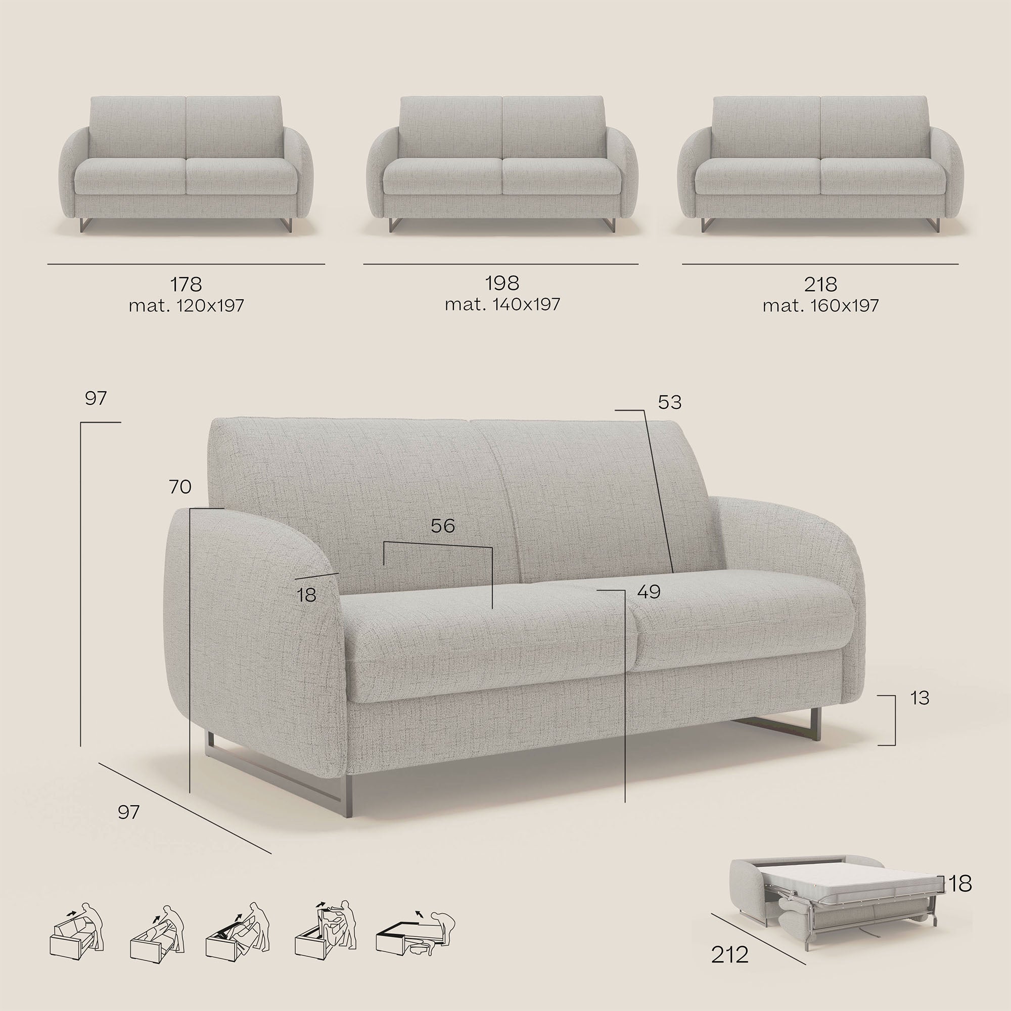 Ninfea divano letto Design Morbido con Piedini alti in Metallo e Materasso H18 cm in tessuto impermeabile T03 - divani.store