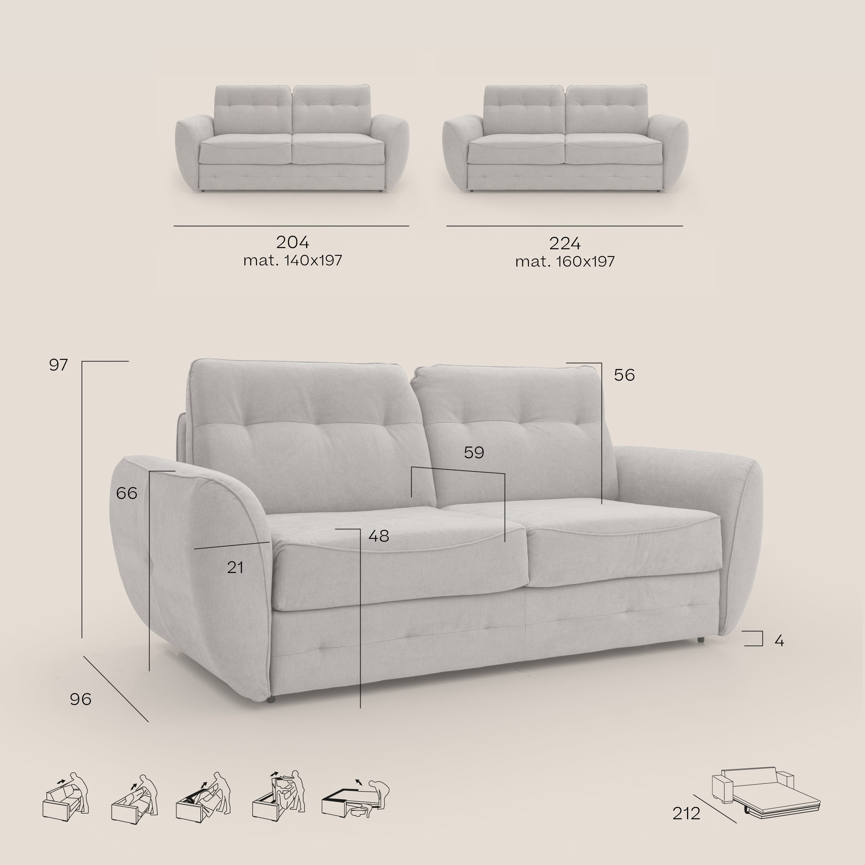 Zeus Divano letto scandinavo con schienale alto in tessuto impermeabile T02 beige - divani.store