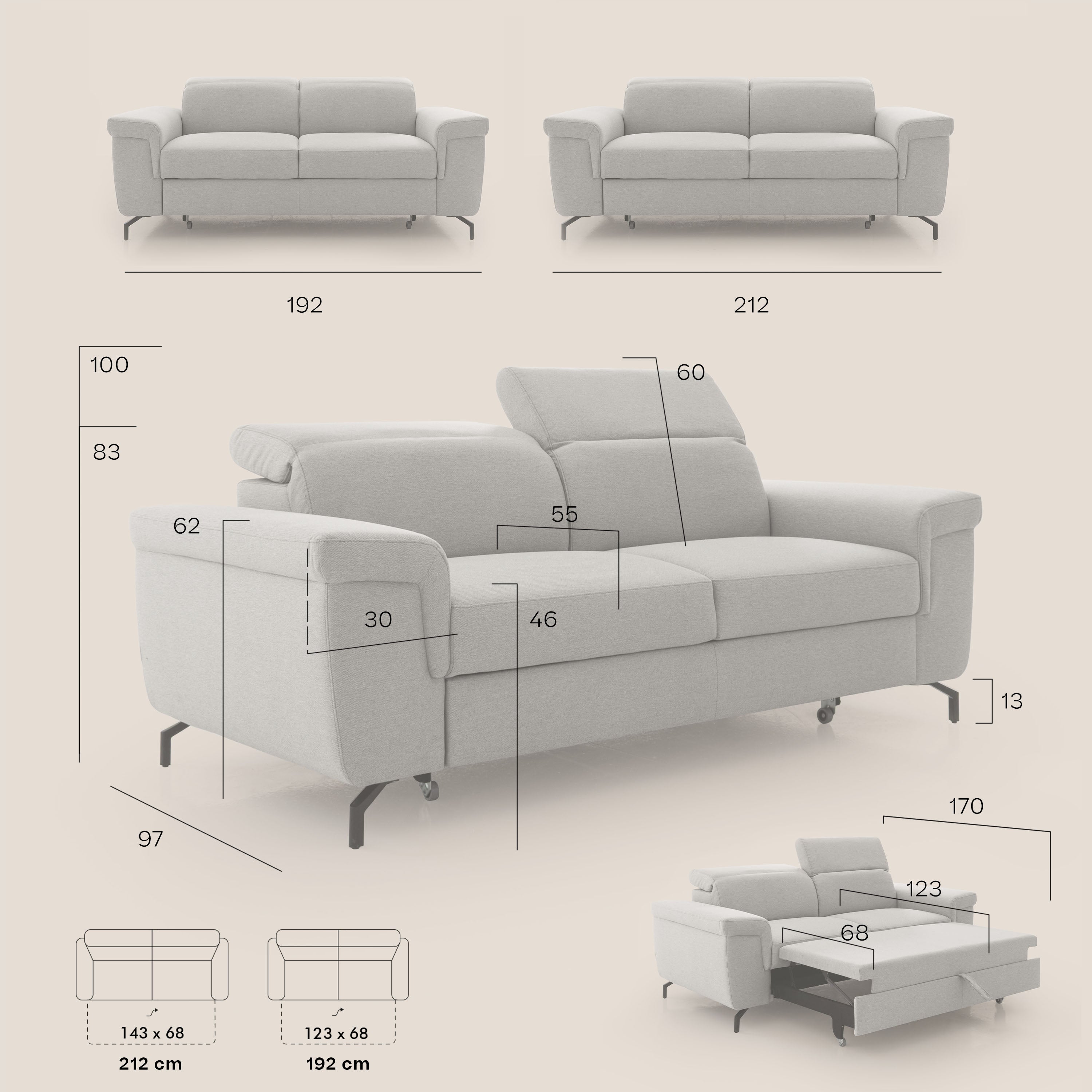 Aisha Divano con poggiapiedi estraibile piedini alti e poggiatesta reclinabili in tessuto Smacchiabile T05 cammello - divani.store
