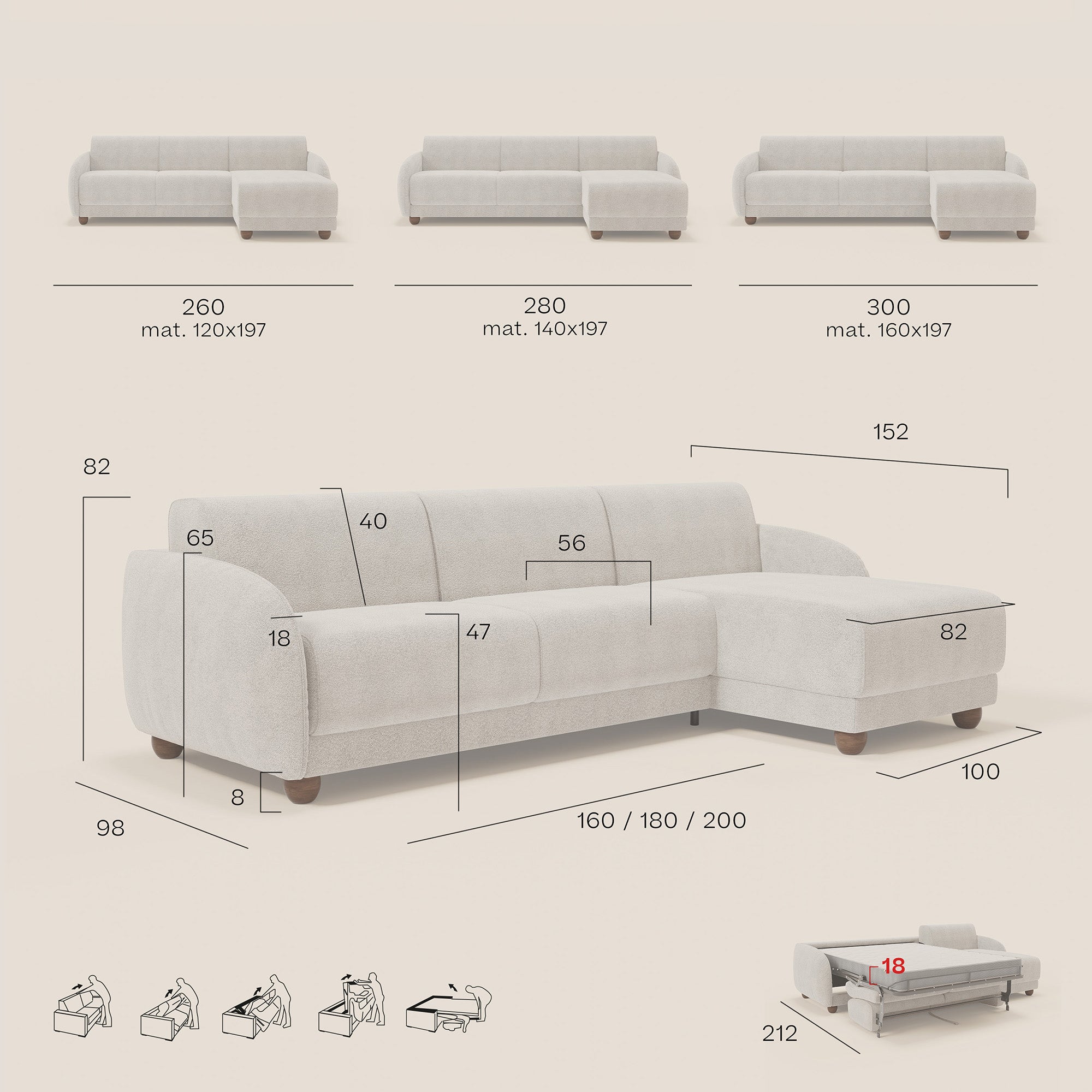 Giglio divano letto angolare con materasso alto 18 cm e penisola contenitore in morbido bouclé impermeabile T07 - divani.store