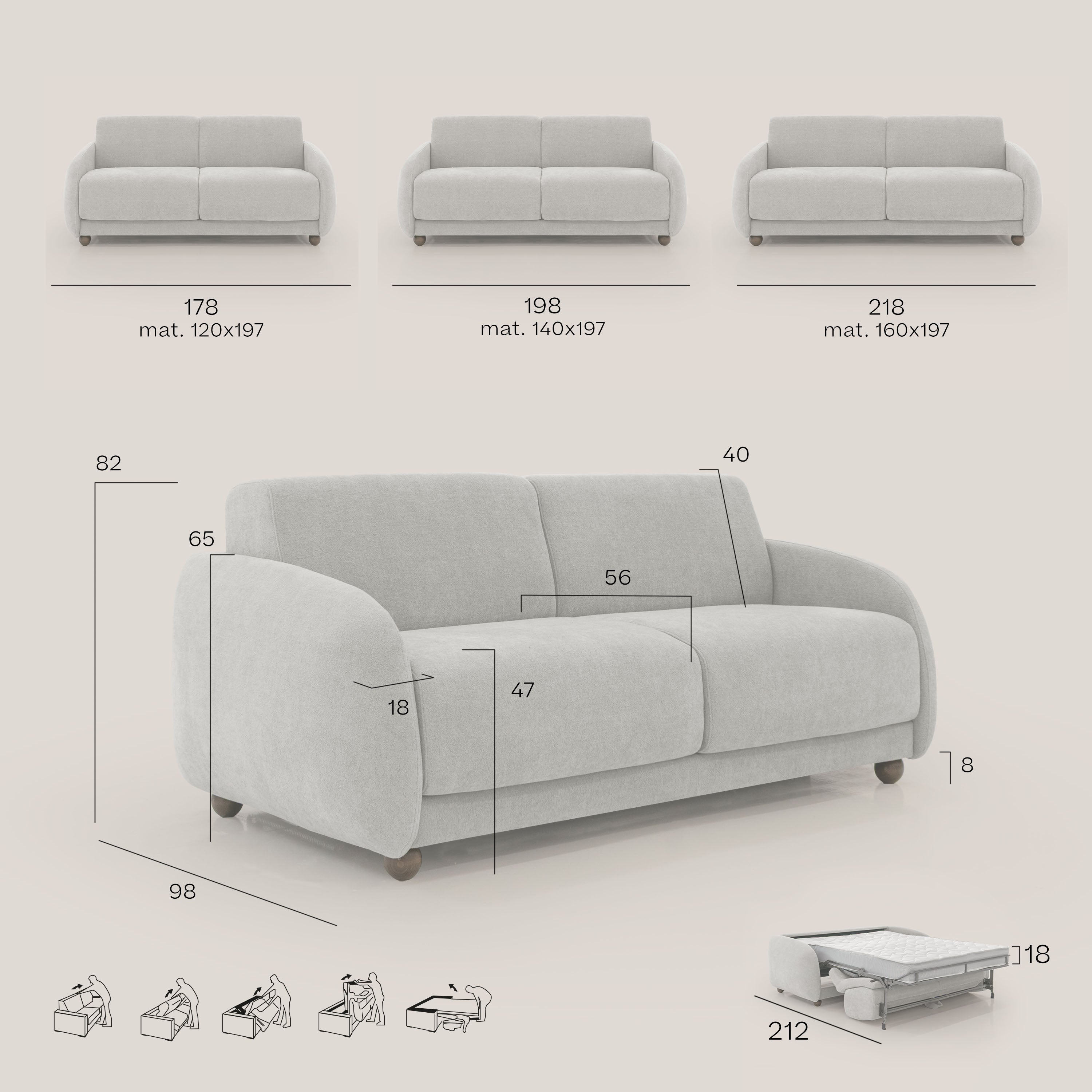 Giglio divano letto scandinavo japandi con materasso H18 cm in tessuto Bouclé impermeabile T07 antracite - divani.store