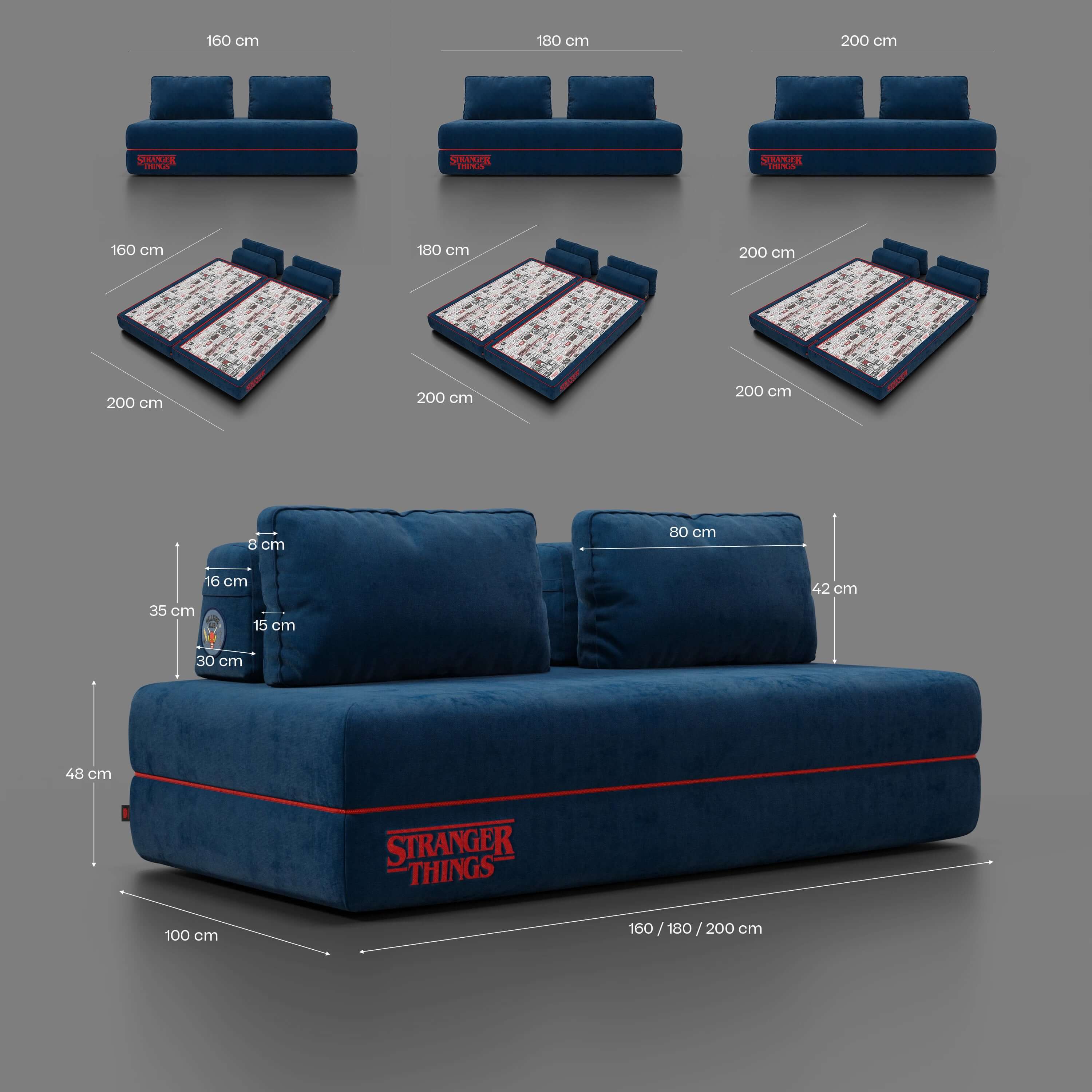 Rift Schlafsofa STRANGER THINGS Edition 2-Sitzer und 3-Sitzer mit beweglichen Rückenlehnen – 22 cm hohe Matratze und Memory- Foam aus abwaschbarem Stoff blau