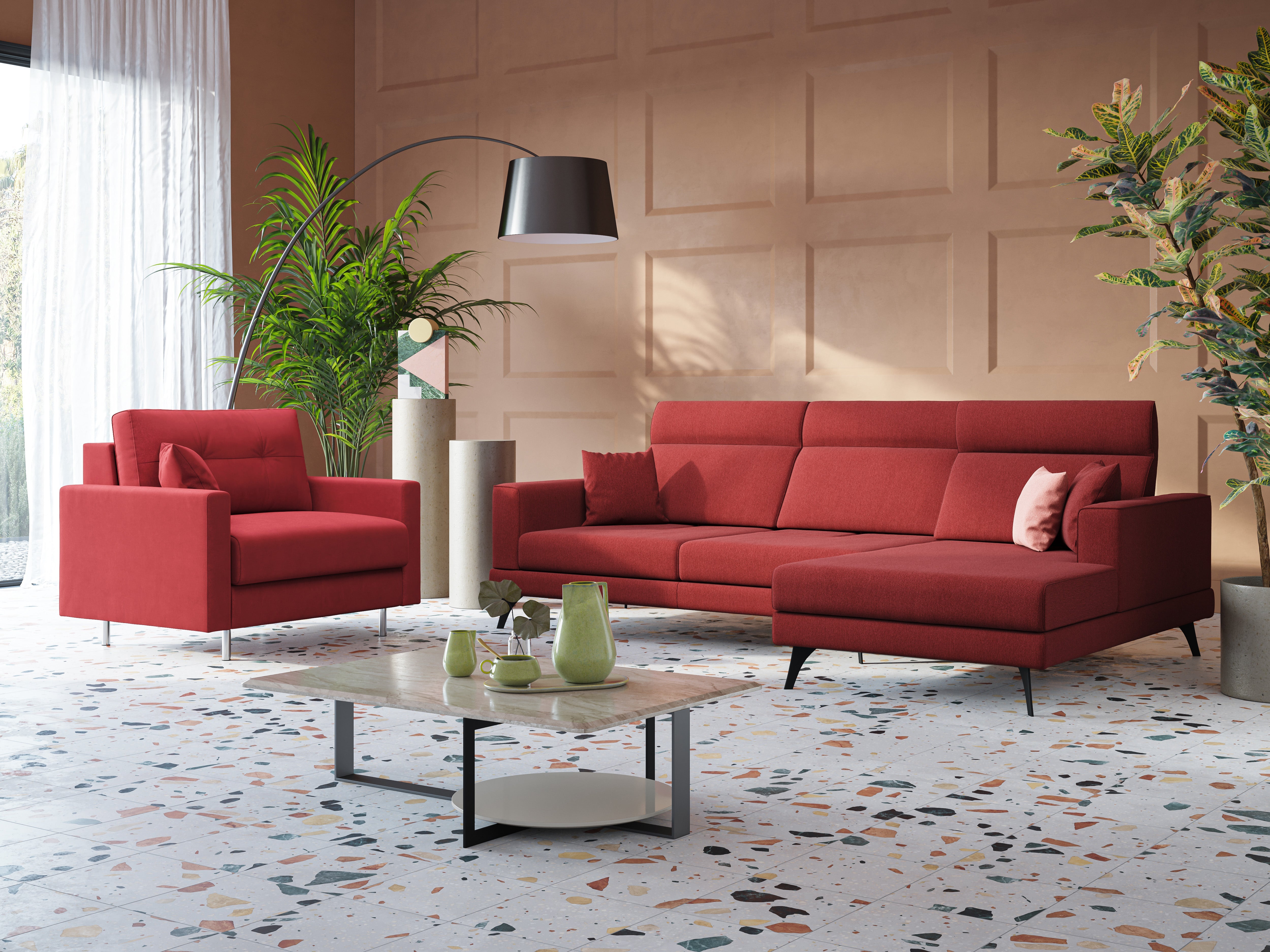 Slide Divano angolare con schienali traslanti e poggiatesta regolabili in tessuto smacchiabile T05 rosso - divani.store